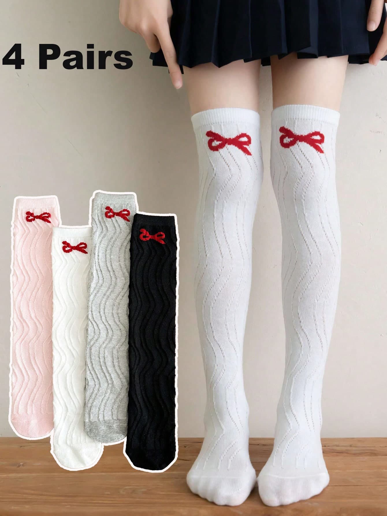 1 Pair/2 Pairs/4 Pairs Kids Summer Thin Breathable Over-The-Knee Socks, School Style Knee High Socks With Wavy Bow For Girls