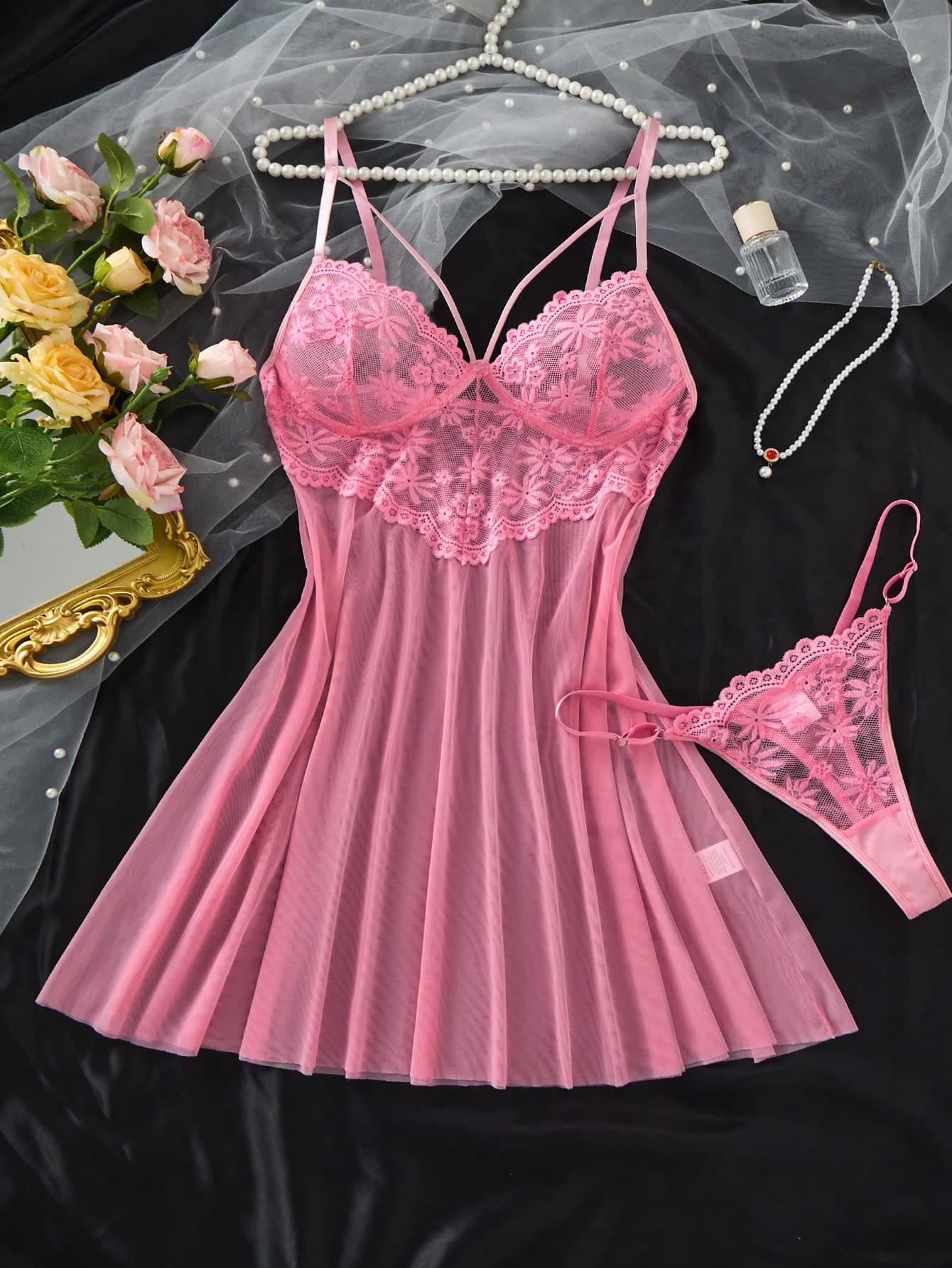 Women's Burgundy Soft Comfortable Lace Floral Heart Pajama Set, Christmas And Halloween Gift, Sexy Lace Sleepwear