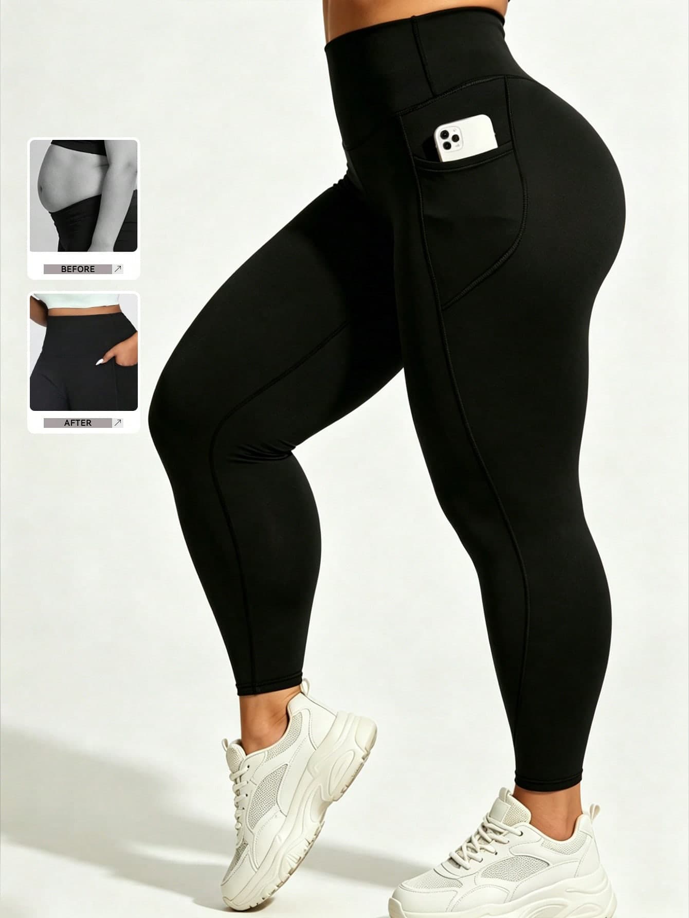 1pc Plus Size Black 4-Way Stretch Yoga Leggings, Sports & Casual Style, High Waist Tummy Control Lift, Seamless Front, Side Pockets, Highly Elastic, Suitable For Full-Figured Women For Workout (Yoga, Pilates, Gym, Running, Cycling)