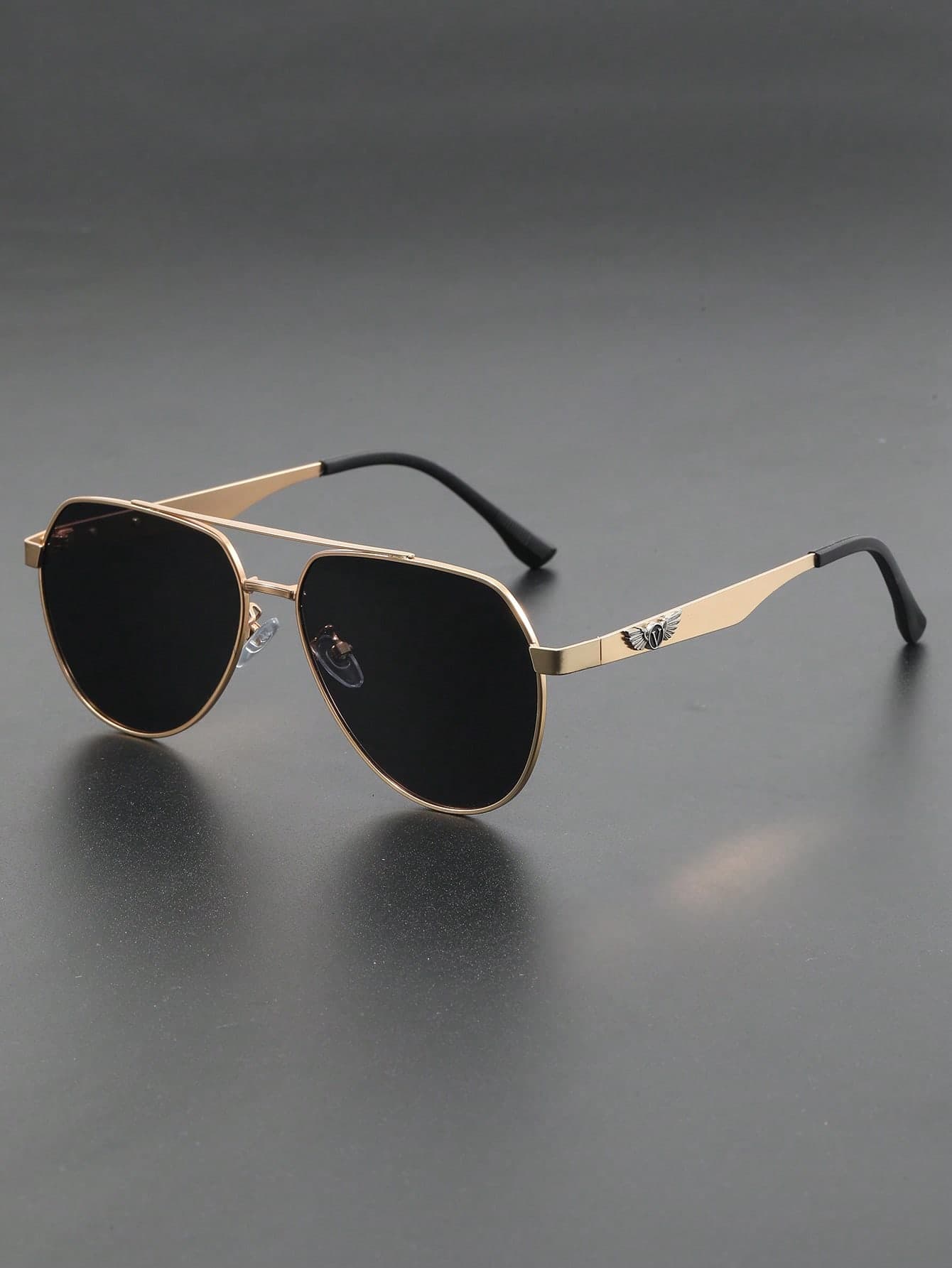 1 Pair Men's Asymmetrical Octagonal Double Bridge Metal Sunglasses, Aviator Style Matte Black Frame With Metal Logo Decoration, UV400 Polarized Anti-Glare Driving Sunglasses