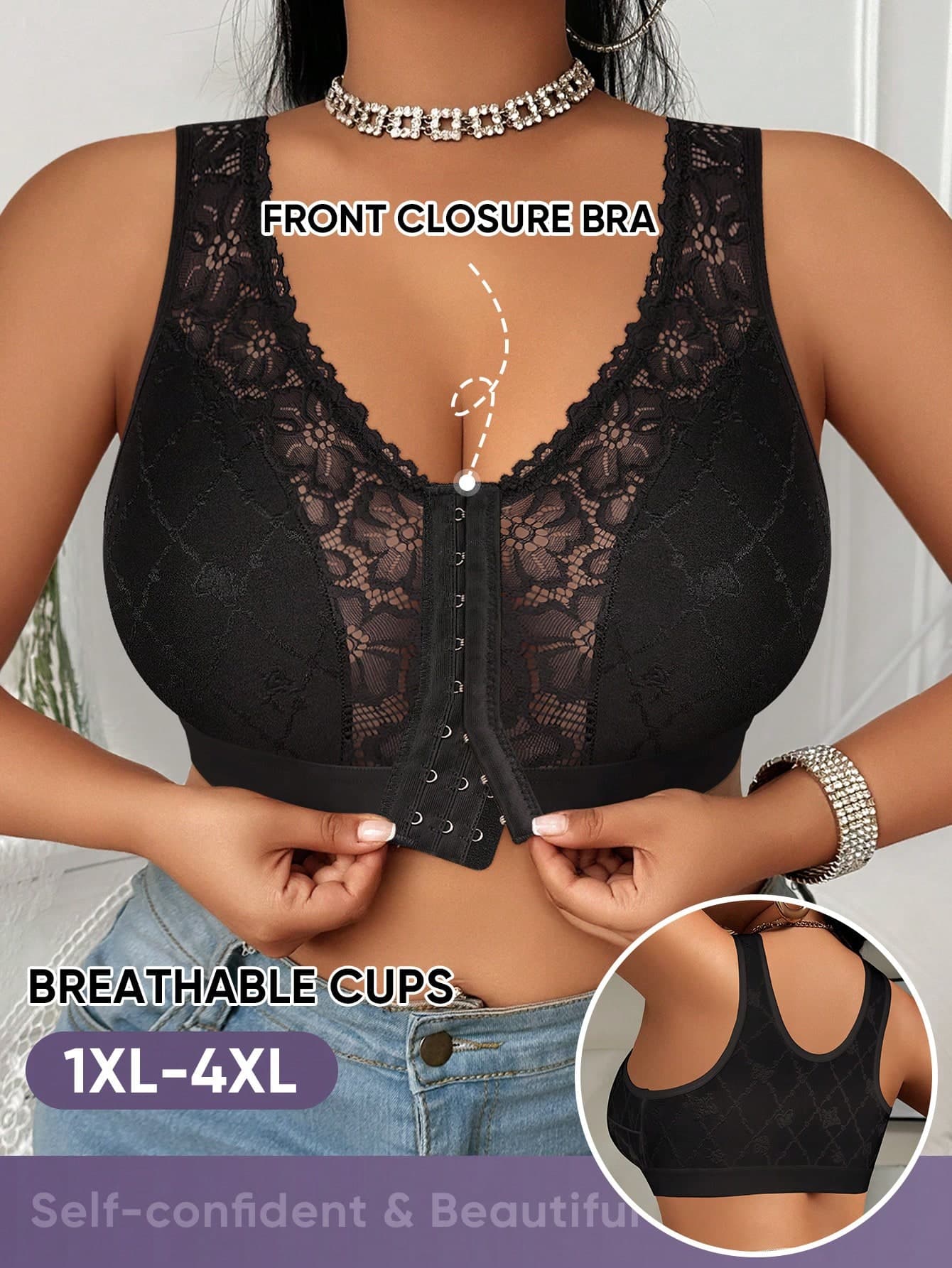 MEIYATING Plus Size Women Front Closure Floral Lace Patchwork Hollow Shoulder Strap Lightweight Breathable Gather Camisole Bra, Sexy Wireless Bra, Black