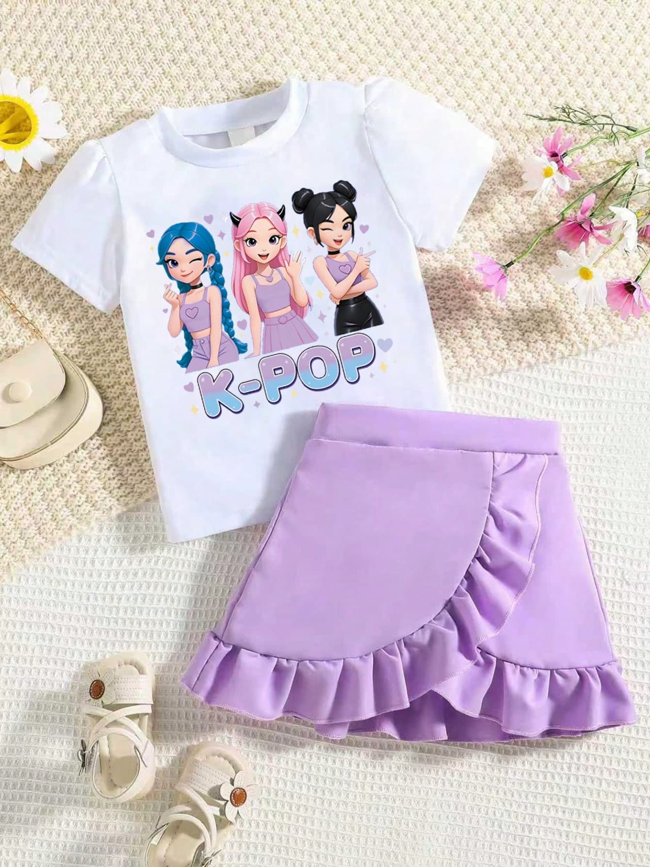Young Girl Cartoon Pattern Print Short Sleeve T-Shirt And Skirt