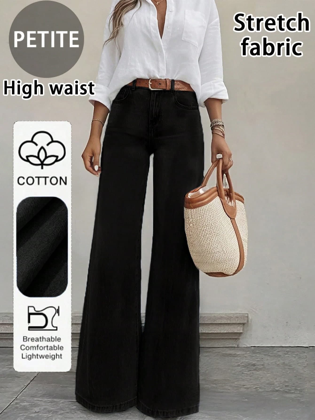 Women's Casual Straight-Leg Jeans, Medium Stretch Fabric For Comfort And Fit, Button Detail Accent For Versatile Daily Wear Black ,Petite Women