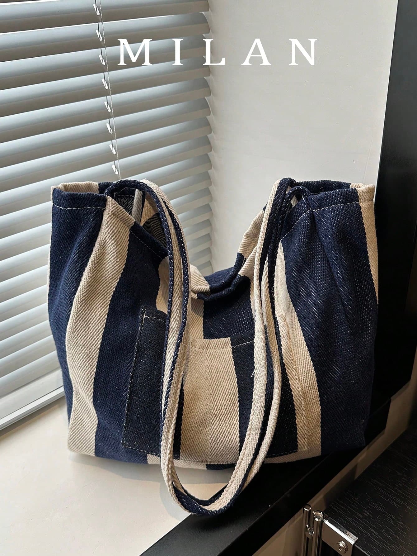 Retro Striped Canvas Tote Bag, Large Capacity Versatile, Suitable For Work, School Or Outings, Student Backpack, Canvas Bag, Beach Bag, Vertical Stripe Color Random