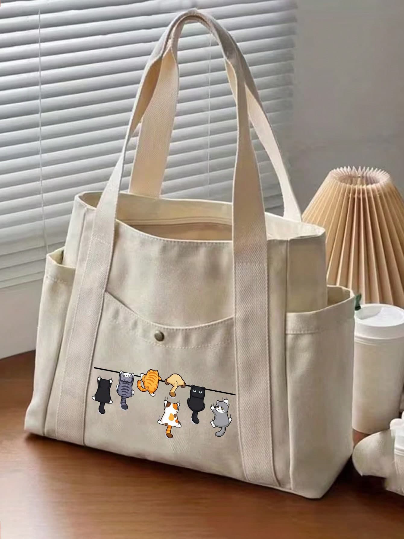 Cute Cartoon Cat Pattern Handbag, Reusable Printed Women's Shopping Bag, Large Capacity Multi-Pocket Shoulder Bag, Makeup Bag, Shopping Bag, Cosmetic Bag, Foldable Lightweight, Multi-Functional Tote Bag, Large Capacity Casual Handbag, Suitable For Work, School, Commute, Travel And Shopping, Perfect Choice For Back To School, Mother's Day, Teacher's Day, Graduation, Anniversary, Back To School, Easter, Christmas