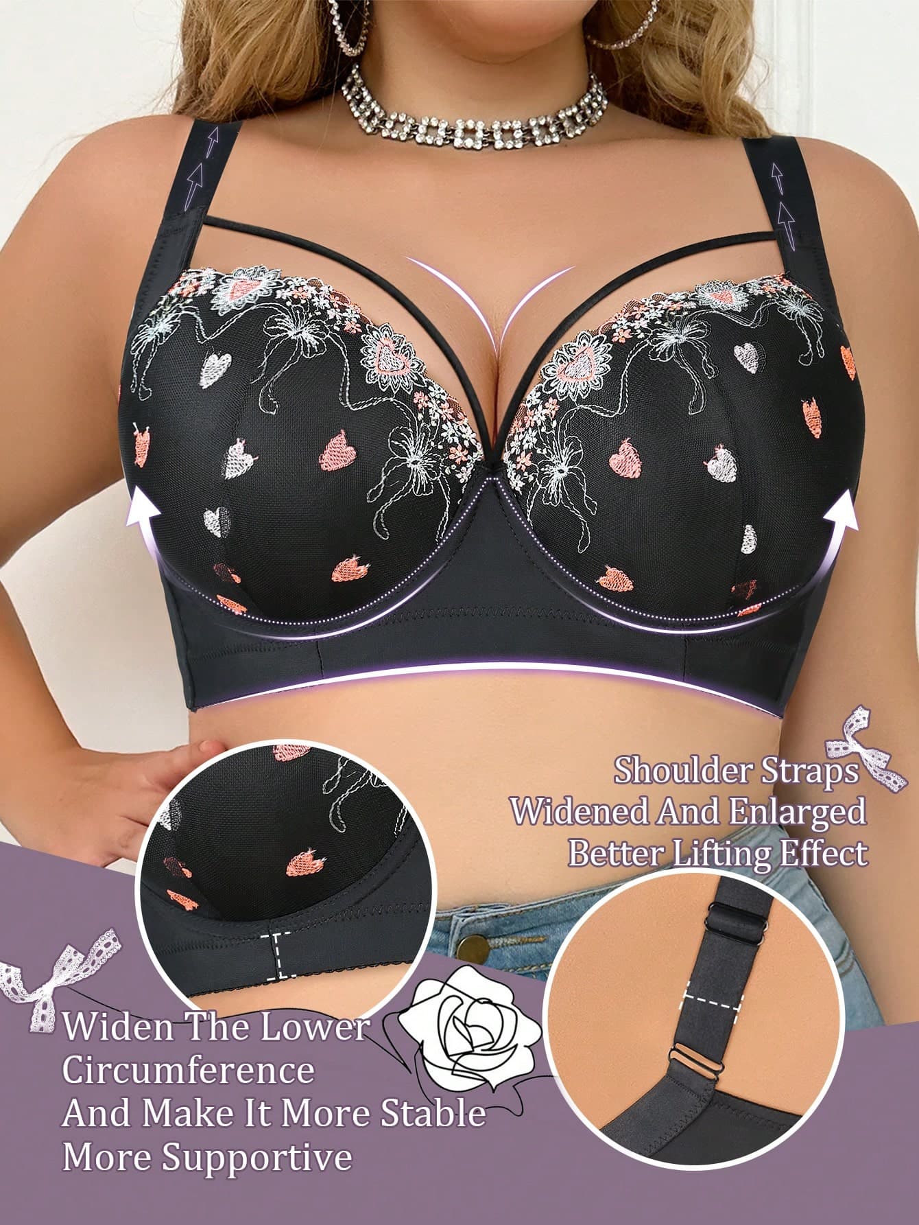 mimilemon Plus Size Women's Heart Embroidery Push-Up Bra - Comfortable & Breathable, Wide Strap, Full Support