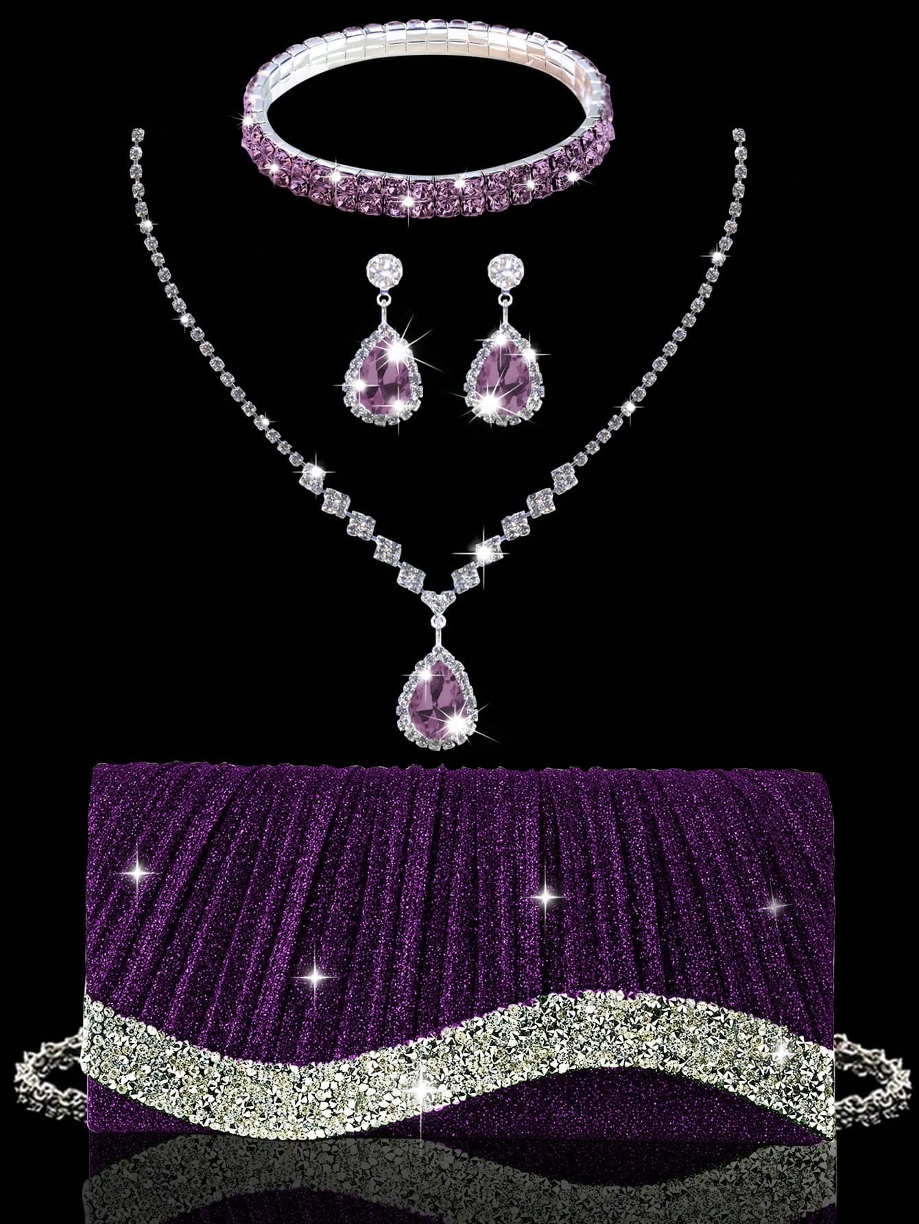Shiny Women's Clutch Bag, New Rhinestone Evening Bag, Women's Party Bag, Luxury Envelope Bag, Bridal Wedding Bag, Paired With Shiny Rhinestone Jewelry Set, Rhinestone Necklace, Earrings, Bracelet, Suitable For Parties, Evenings, Gatherings, Balls, Weddings And Other Occasions.