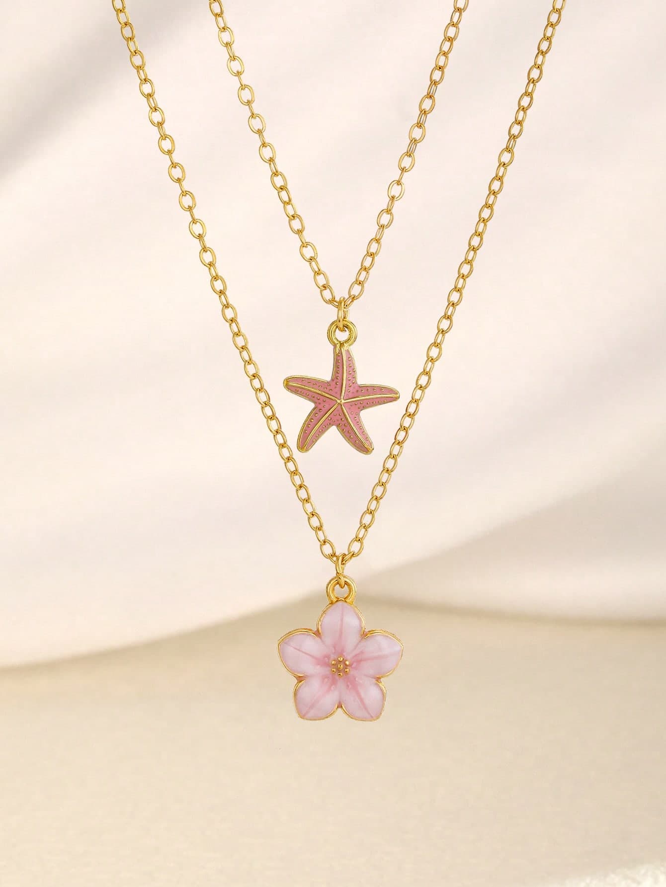 2pcs/Set Exquisite Fashion Sweet Five-Petal Flower And Starfish Pendant Choker Necklace For Women, Summer Beach Vacation, Party, Holiday, Travel, Daily Wear Jewelry Accessory
