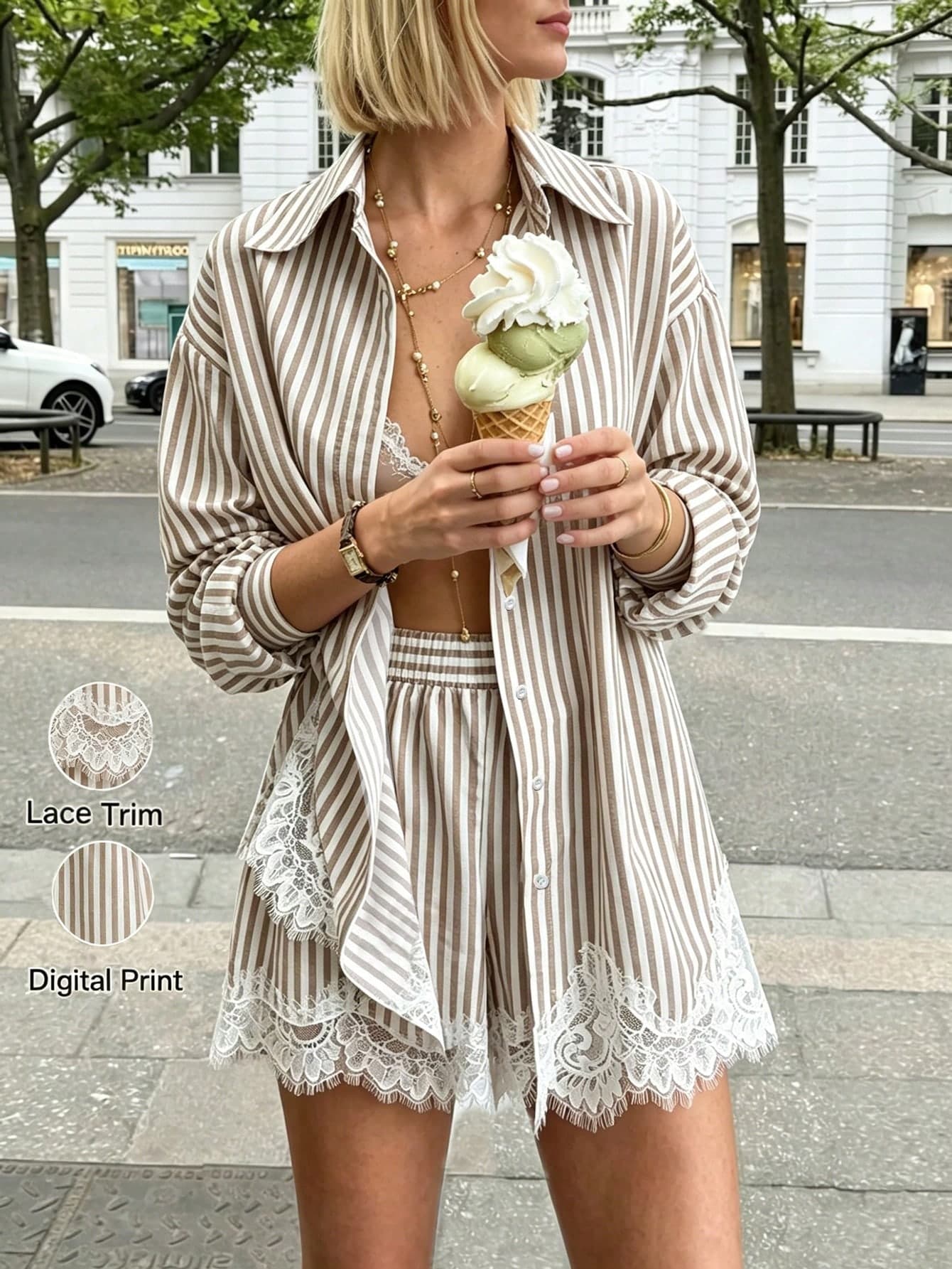 Women's Striped 2 Pieces Set With Lace Trim, Casual Fashionable Resort Style Suitable For Daily Wear, Spring/Summer Elegant