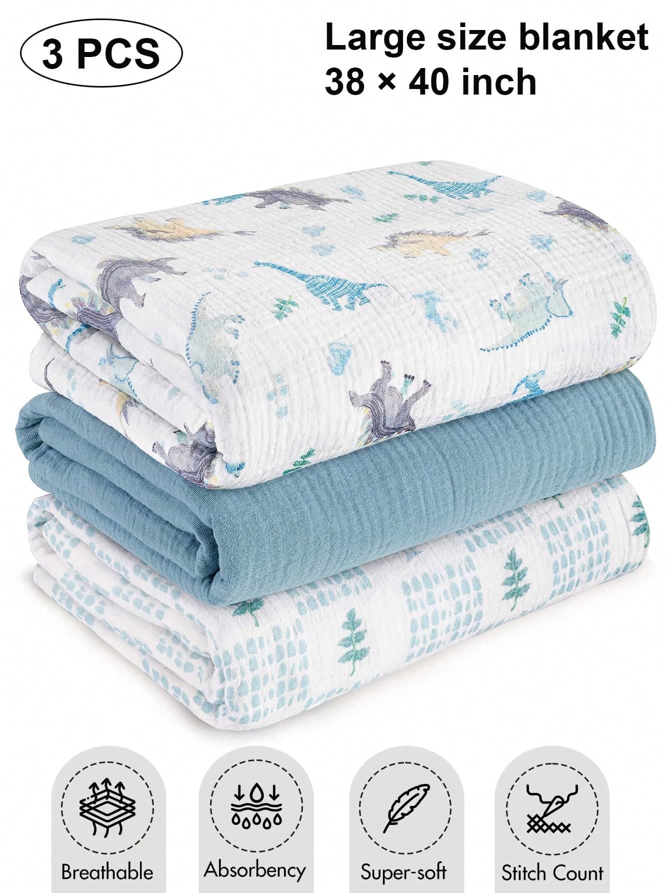 3pcs/Set Baby Gauze Blankets, Pure Cotton Breathable Soft Newborn Receiving Blankets, Large 38x40 Inch, Burp Cloths, Essential Baby Shower Supplies