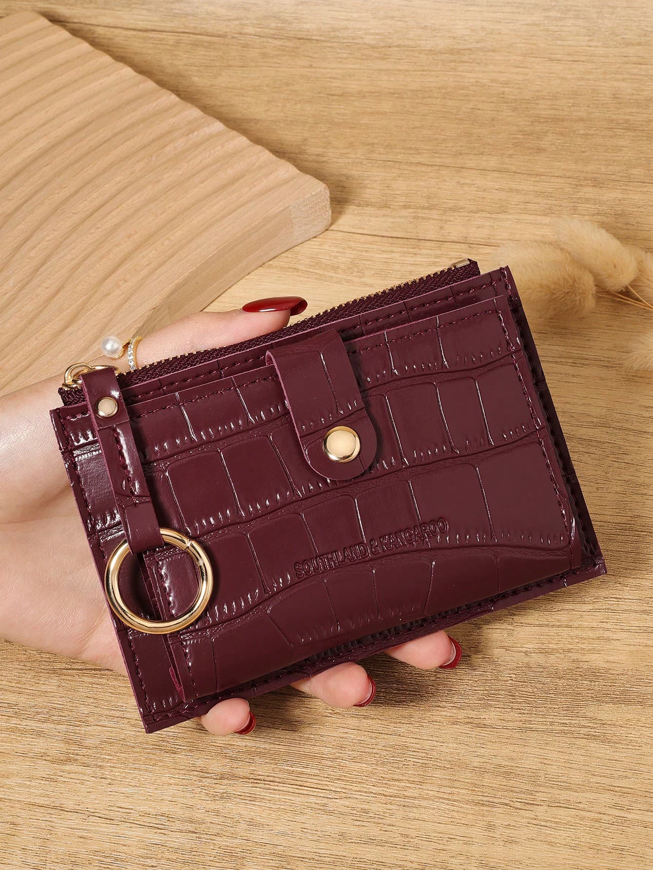 Burgundy Crocodile Pattern Fixed Metal Ring Mini Wallet Purse, Zip Around With Flap Multi - Card Slots, PU Leather Coin Pocket Unisex For Daily Use Travel, Compact Minimalist Accessory For Birthday Christmas Gift