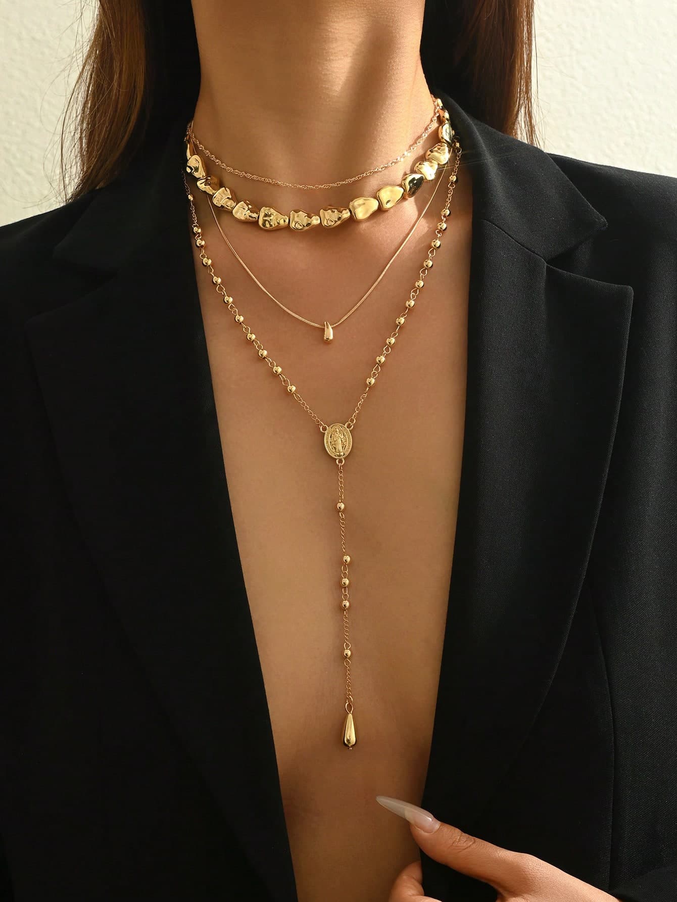 1 Set Minimalist Design Asymmetrical CCB Beaded Metal Water Drop Pendant Round Bead Long Necklace Set, Suitable For Women's Daily, Vacation And Party Wear