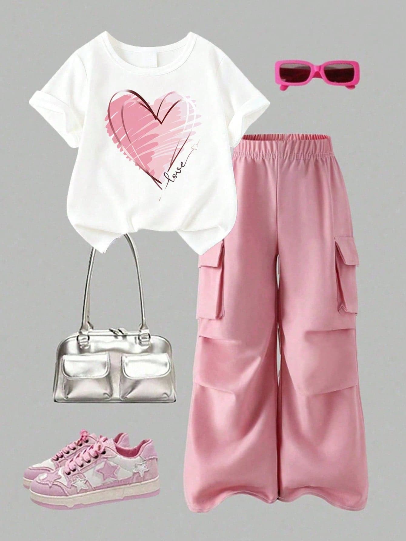 Toddler Girls' Cartoon Print Round Neck Short Sleeve Top And Cargo Pants Set