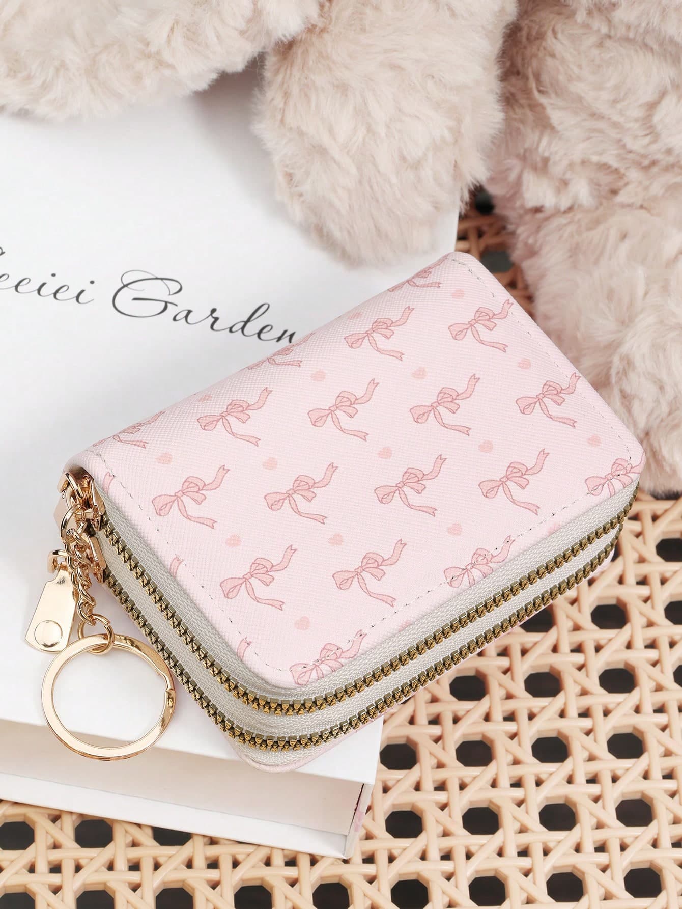 Pink Cute Bow Print Double - Layer Zip Around Purse Wallet With Chain Keychain, Multi - Card Slots ID Window & Secure Coin Pocket, Slim Unisex Card Holder Organizer Perfect For Daily Use Travel Shopping School Commuting, Ideal Birthday Christmas Gift For Women Men Girls Teens