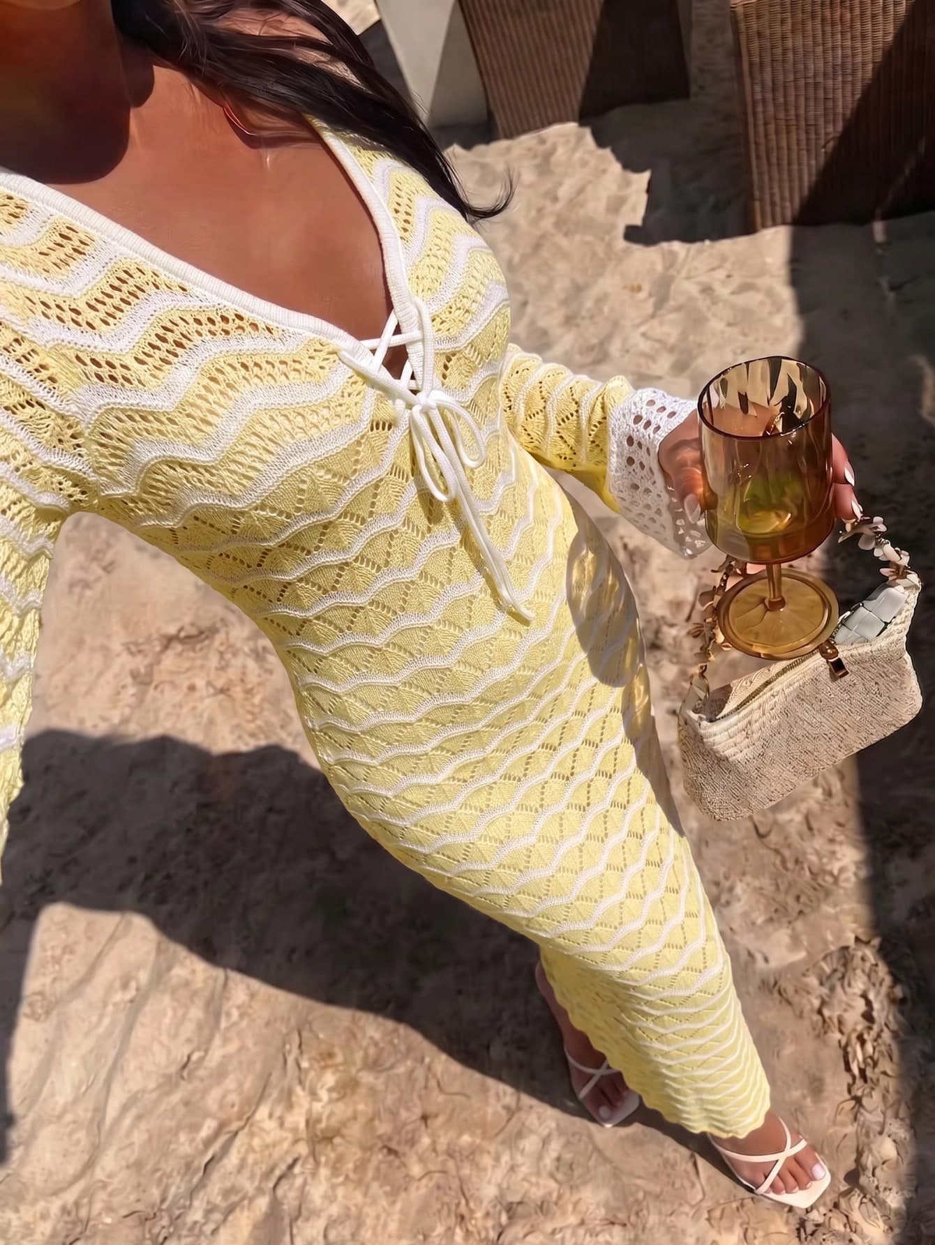 Womens' Spring/Summer New Y2K Knitted Cover Up, Casual Vacation Style, Yellow And White Striped V-Neck Dress, Boho, Beach Party Sexy Outfit