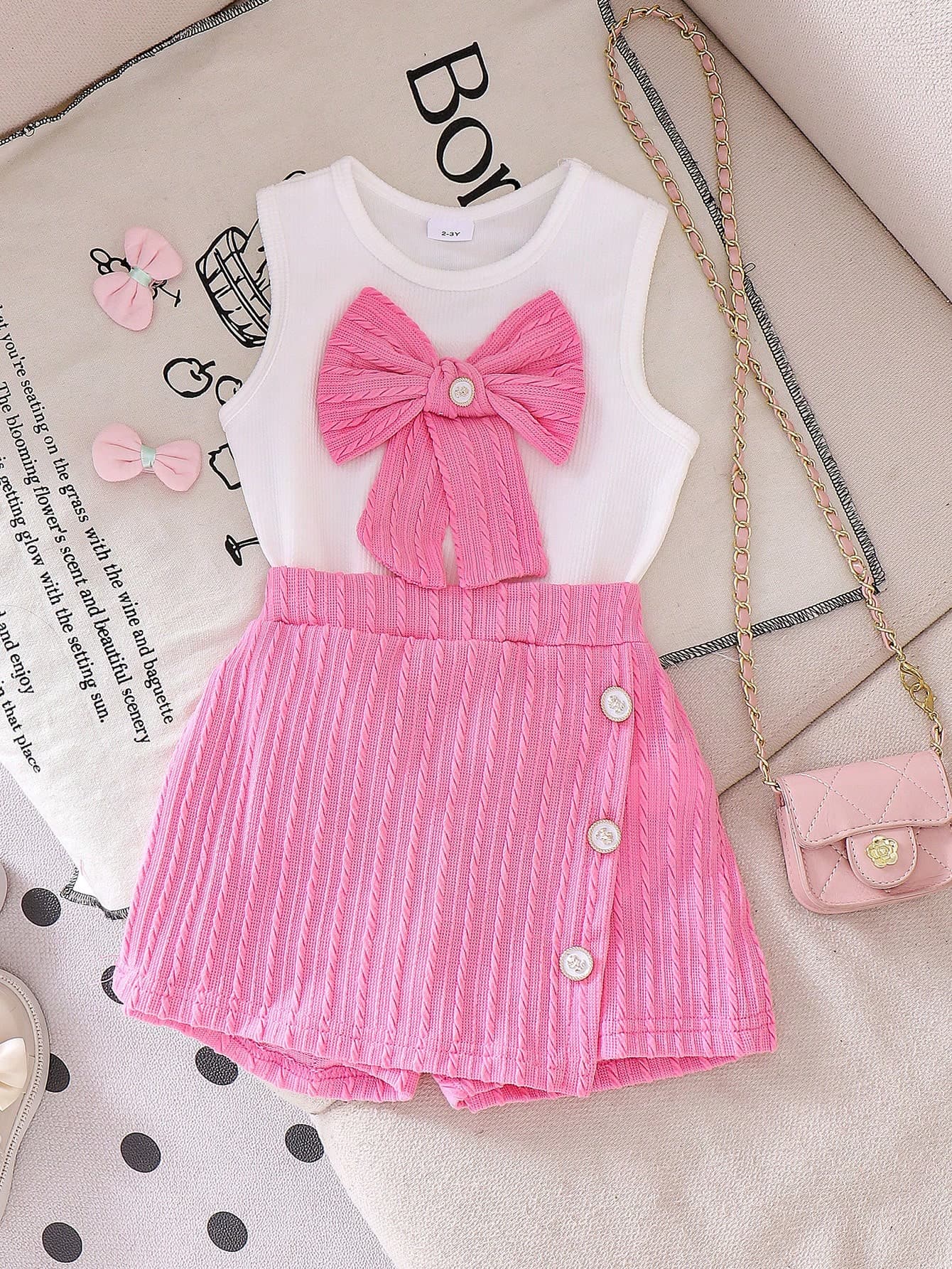 2pcs Young Girl' Sweet 3D Bow Sleeveless Top And Shorts Set, Summer