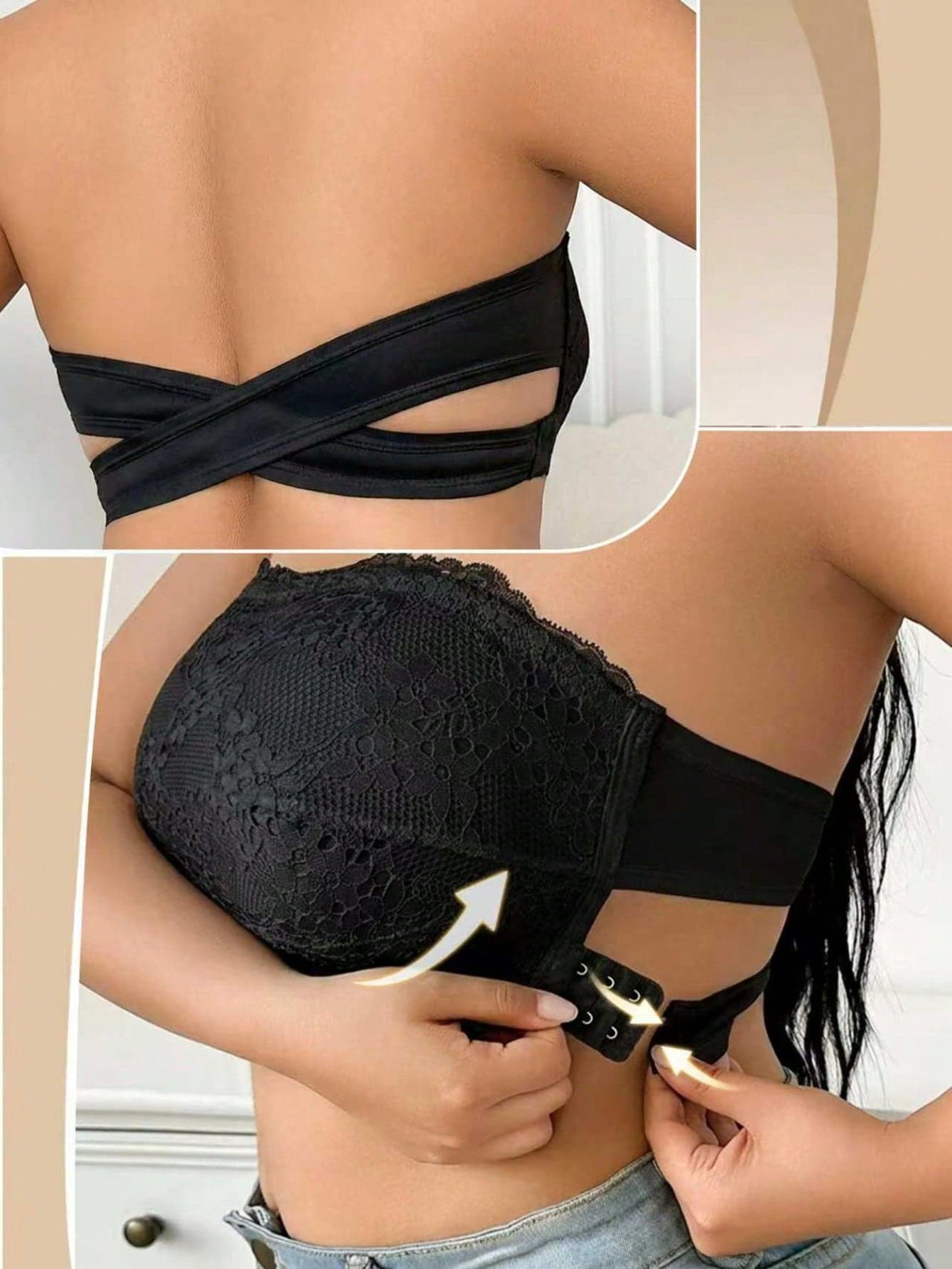1pc Casual Comfortable Minimalist Plus Size Wireless Lace Patchwork Bra, Knitted Fabric, All Day Comfort