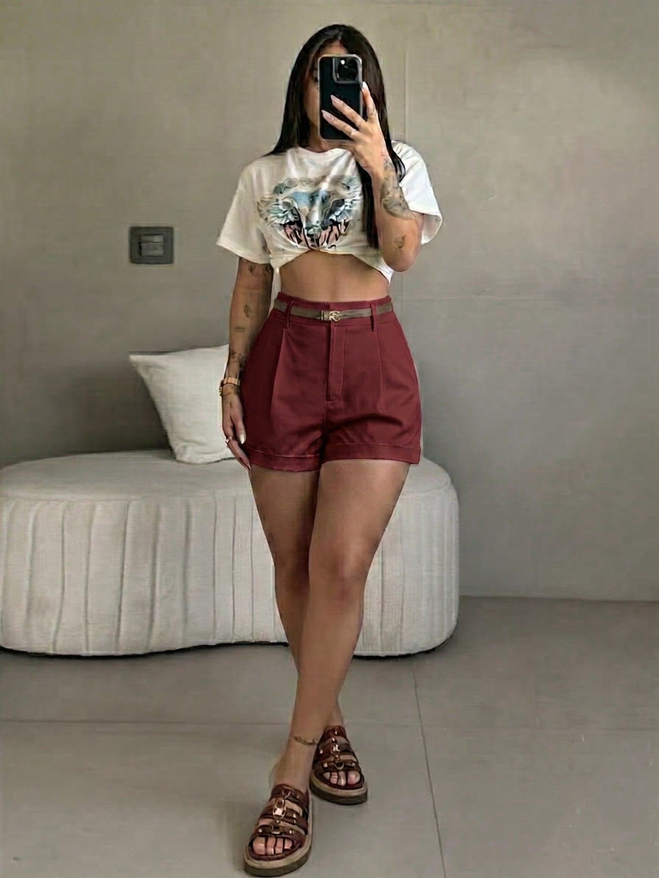 High Waist Pleated Office Summer Women's Smooth Woven Burgundy Slim Fit Suit Shorts Casual Wide Leg Straight Hot Pants Without Belt