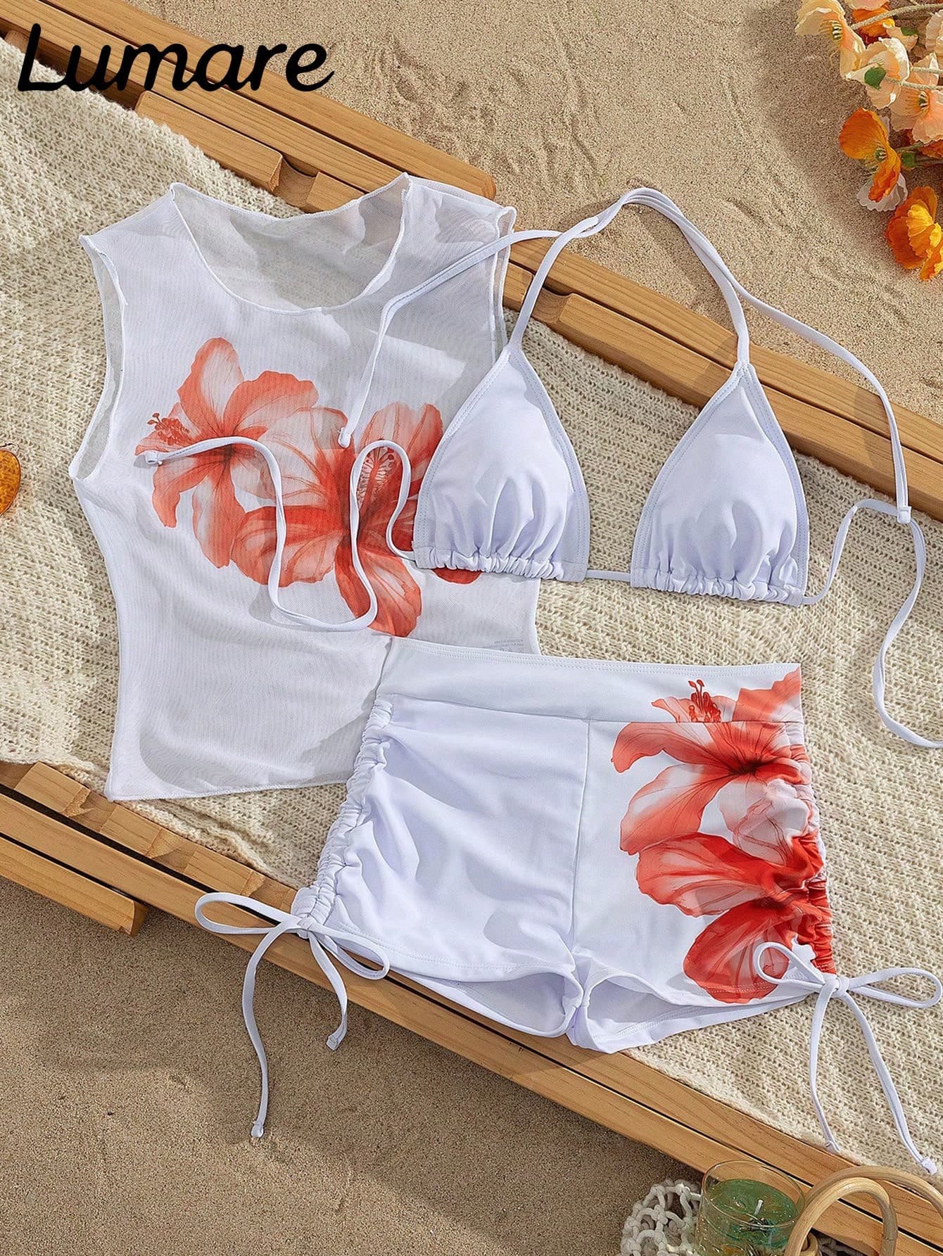 3pcs Sexy Casual Halter Top, Featuring Hibiscus Floral Pattern Mesh Semi-Transparent Cover-Up, Side Tie Bikini Bottoms, Medium Stretch Fabric, Holiday Wear Bikini Set, Suitable For Vacation Beach And Pool Activities, Seaside Beach Party, Summer Sunny Beach