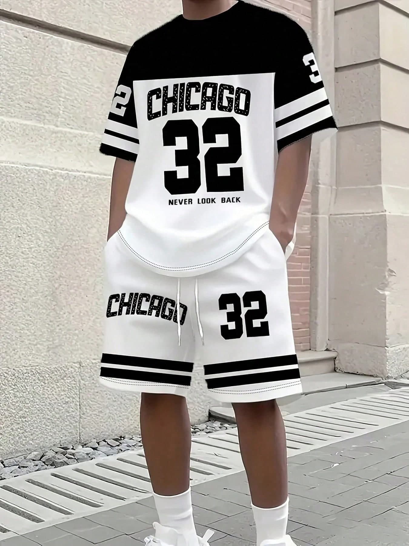 KOVSEE 2pcs/Set Men's Chicago Themed Oversized '32' Number & Logo T-Shirt And Matching Shorts Set - Summer Sportswear