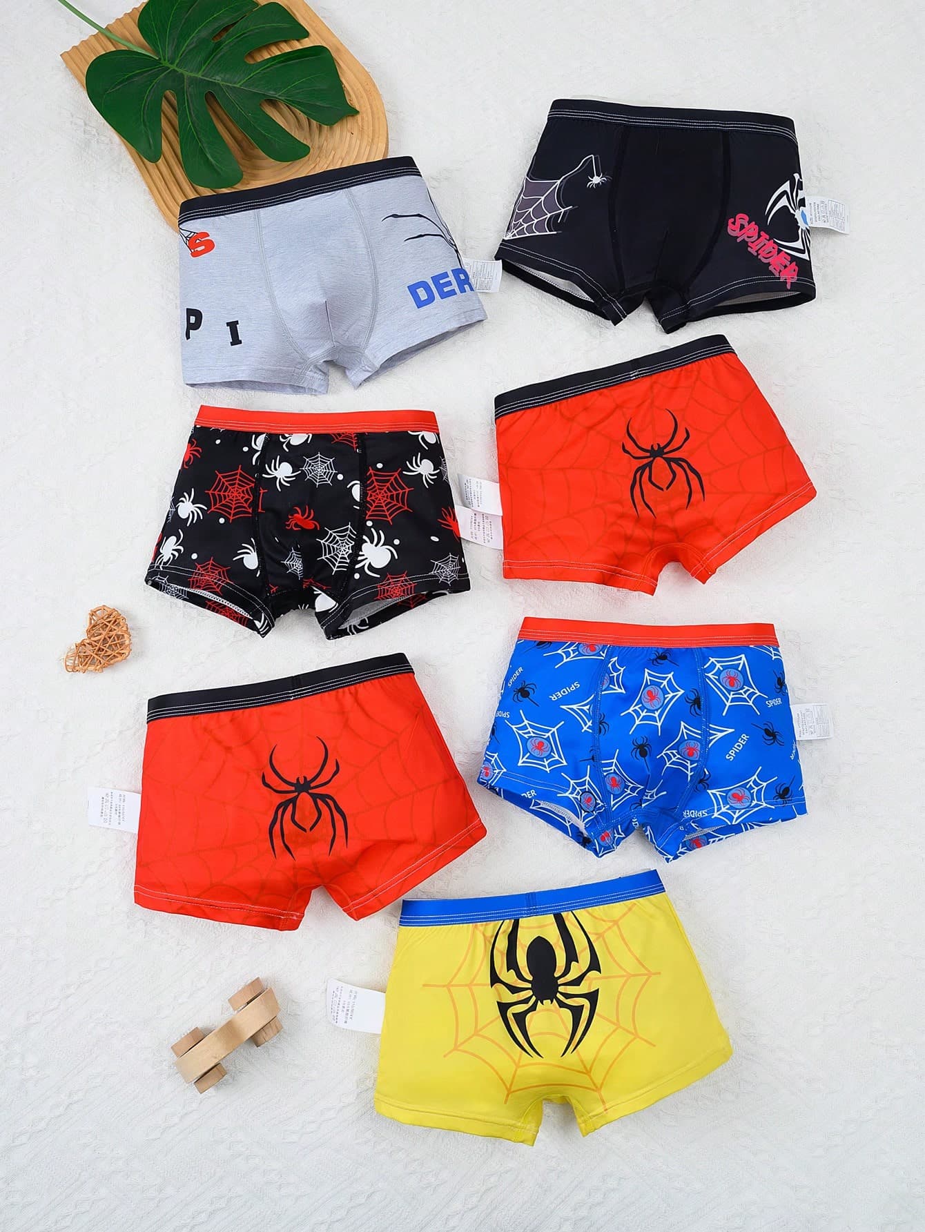 7pcs/Pack Boys' Comfortable Soft Breathable Cartoon Spider & Web Print Boxer Briefs, Toddler/Little/Big Kids