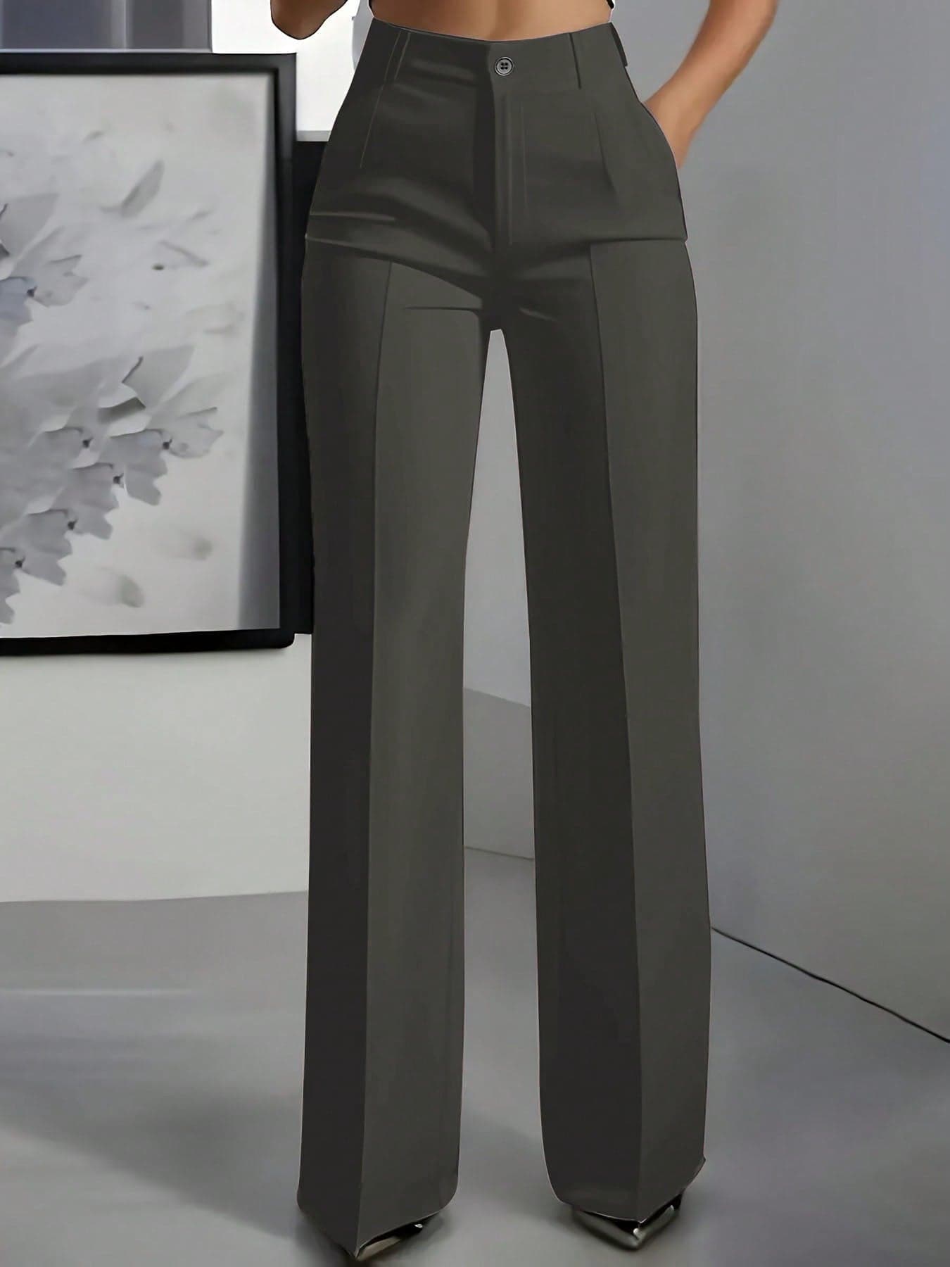 Plus Size Solid Color High Waist Straight Leg Trousers For Commuting And Office