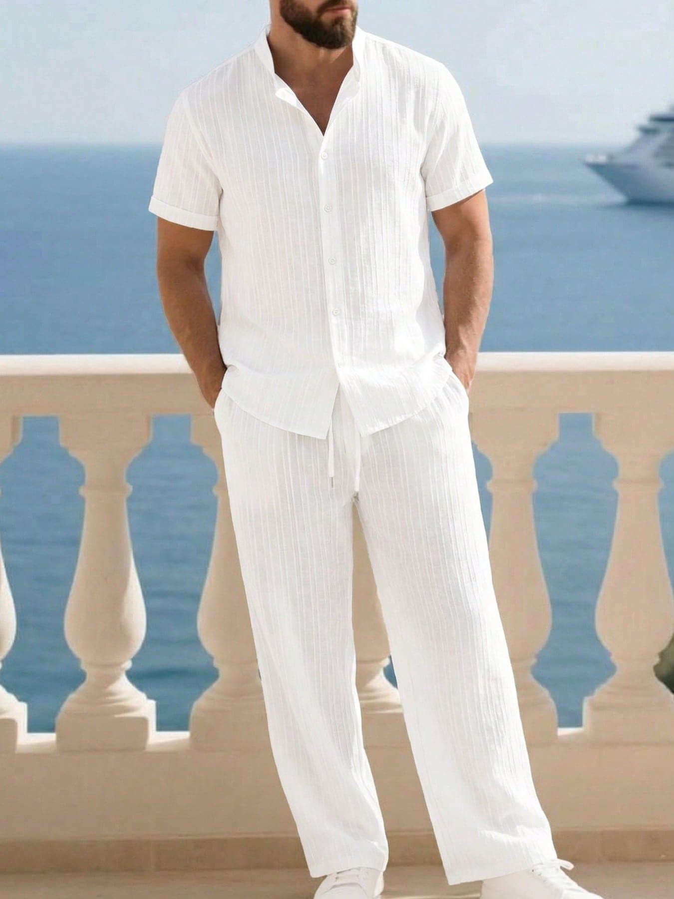 JINYA Men's Summer Casual Mediterranean Resort Style Minimalist Leisure Shirt, Pants & Beach Set, Suitable For Daily Wear, Office, Outdoor, City, Regular, Casual, Youth, Simple, Retro, Versatile, Texture, Elegant, Personalized, Sports