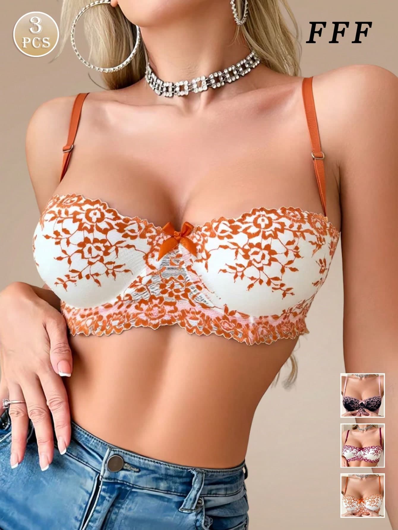 3pcs Women's Sexy Lingerie, Sexy French Lace Backless Bra, Comfortable Versatile Small Bust Push Up Underwire Bra