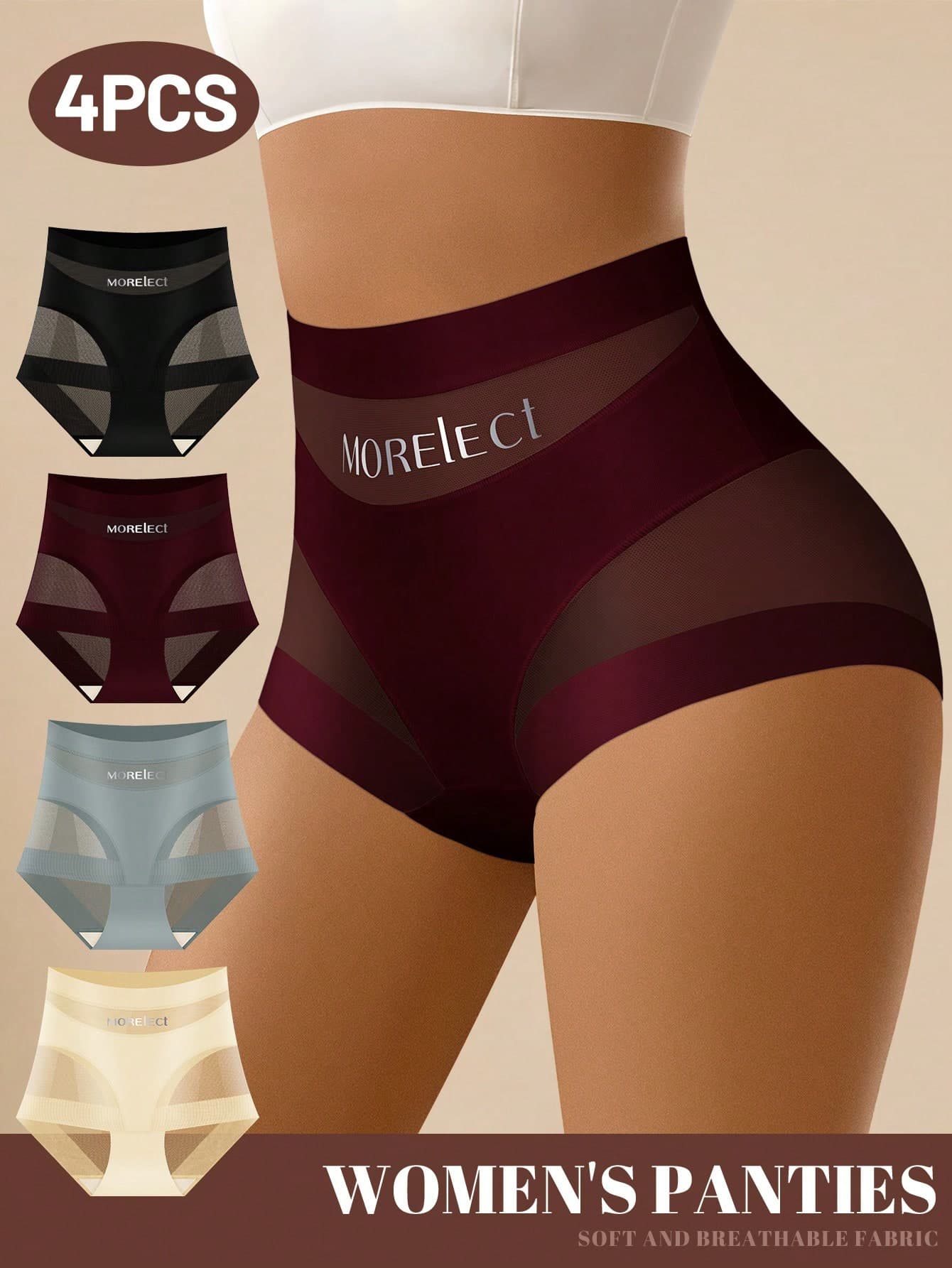 MEIYATING 4pcs Women's High Waist Shaping Panties, Mesh Patchwork, Lightweight Breathable Comfortable, English Letter Fashion Print Decor, Daily Wear