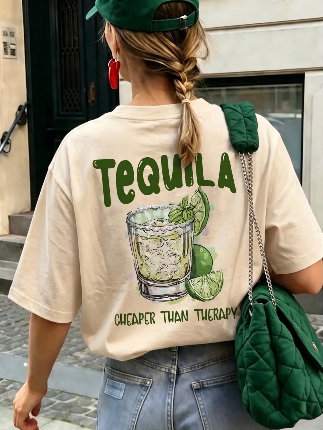 Women's Summer Agave Lime Cocktail Glass Letter Back Print Loose T-Shirt, Vintage Bar Vacation Style, Daily Wear Casual