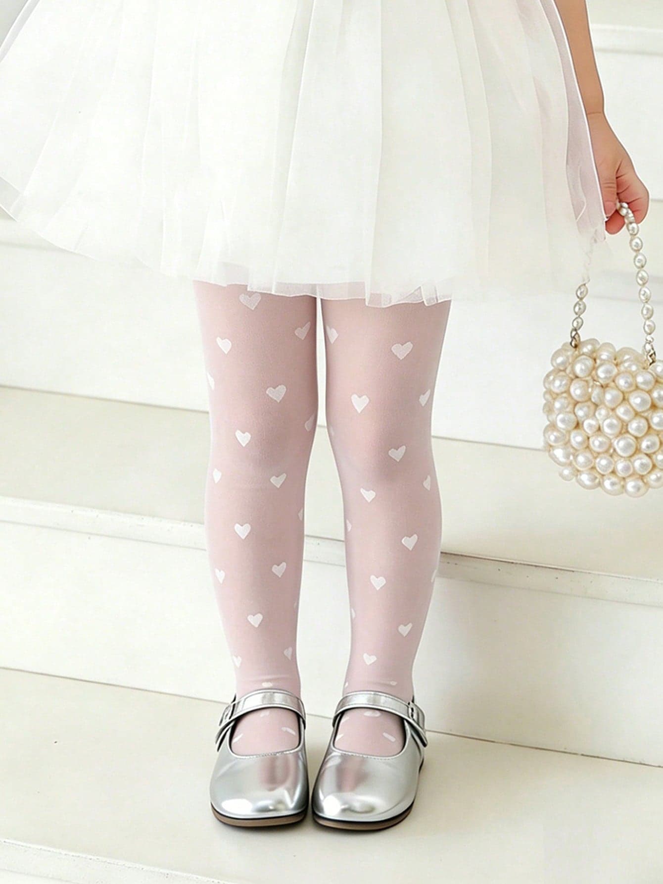 1pc Girls' Heart Jacquard Mesh Tights, Comfortable Basic Dance Stockings, Suitable For Daily Wear