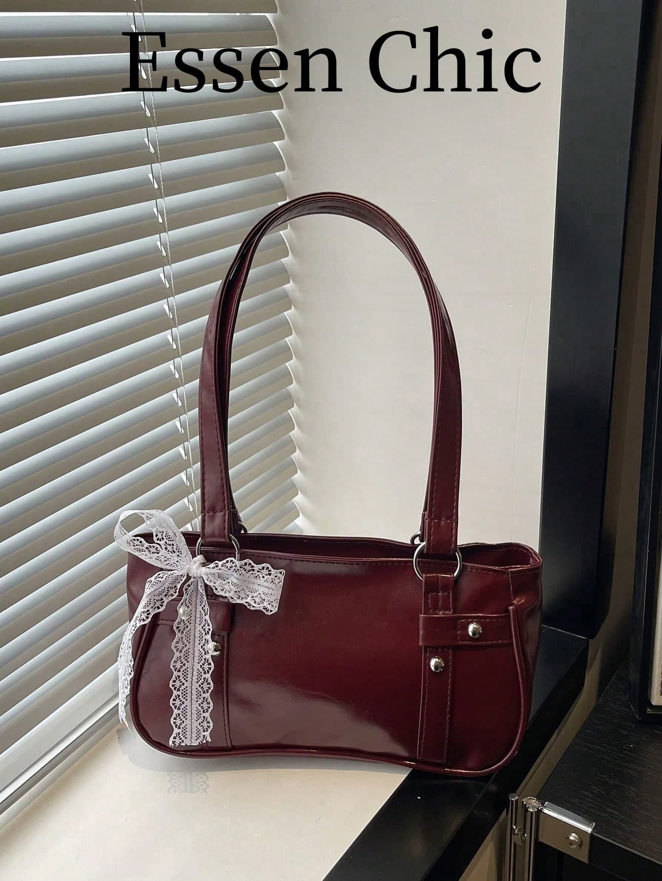 Livesso 1pc Wine Red Metal Rivet Decor Solid Color PU Baguette Bag, Women Shoulder Bag, Winter New Arrival
