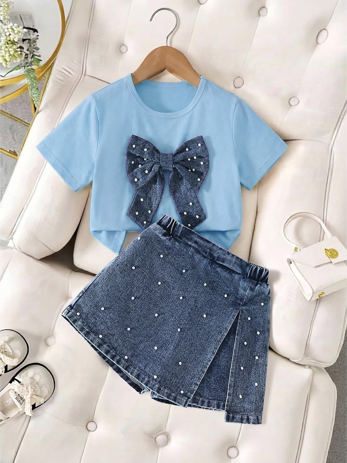 Tween Girls' Fashionable & Cute 2-Piece Set: Rhinestone Embellished Knit Top + Denim Skirt Pants, Suitable For Casual Outings And Various Activities, Spring/Summer