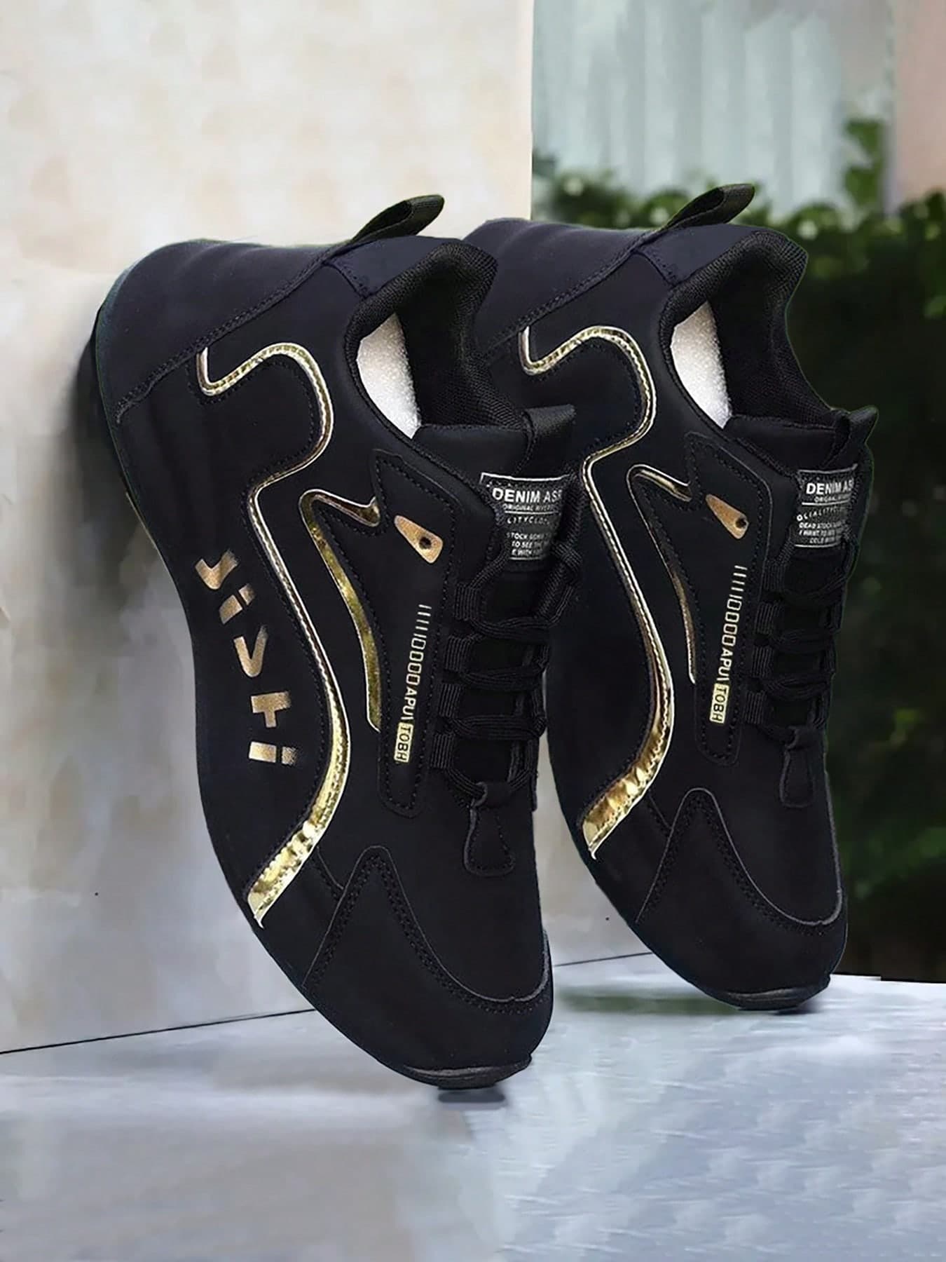 OBOVAY Men's Fashionable Black And Gold Casual Sneakers - Low-Top Design, Durable PU Upper And PVC Sole, Comfortable Fabric Lining, Suitable For Casual Wear