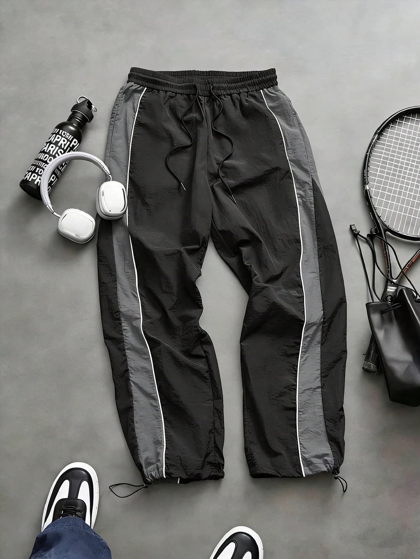Men's Crinkle Texture Nylon Drawstring Waist Loose Fit Jogger Pants With Side Color Blocking And Topstitching Details, Casual Street Style For Daily Wear, Suitable For Spring/Summer