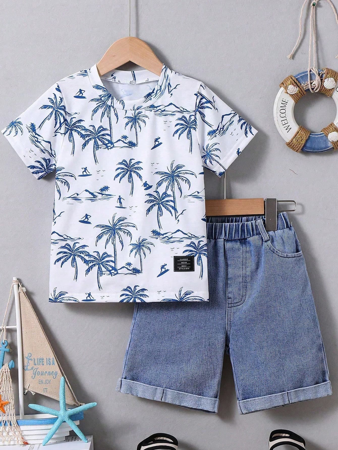 Cartoon Printed Short Sleeve T-Shirt And Denim Shorts For Tween Boys