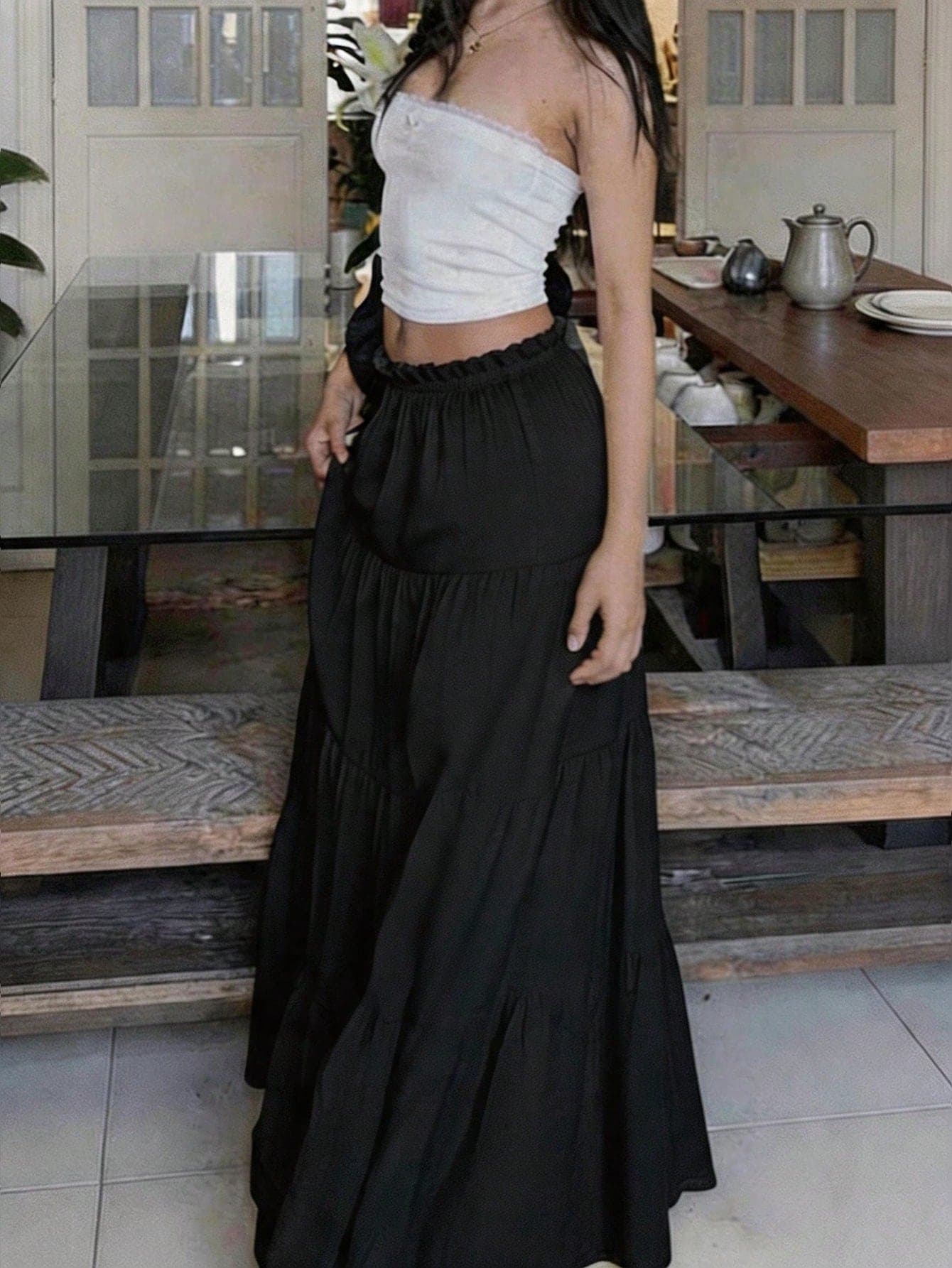 Women's Casual Pleated Ruffle Hem A-Line Skirt, Minimalist Fashion Black Summer