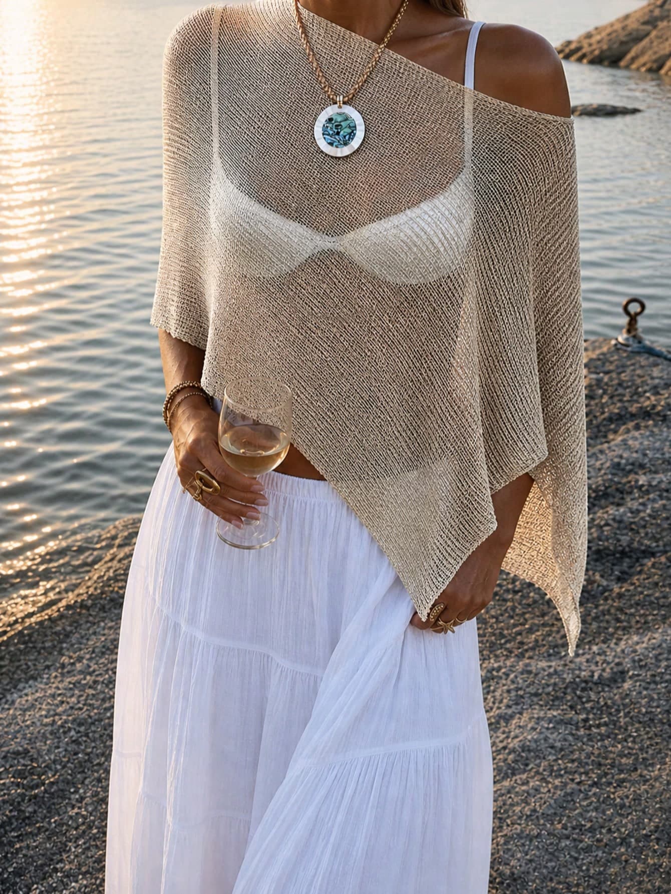 New Fashion Women's Shiny Loose Knit Beach Cover-Up, Glittery Fabric, Casual Holiday Beach Vacation Summer