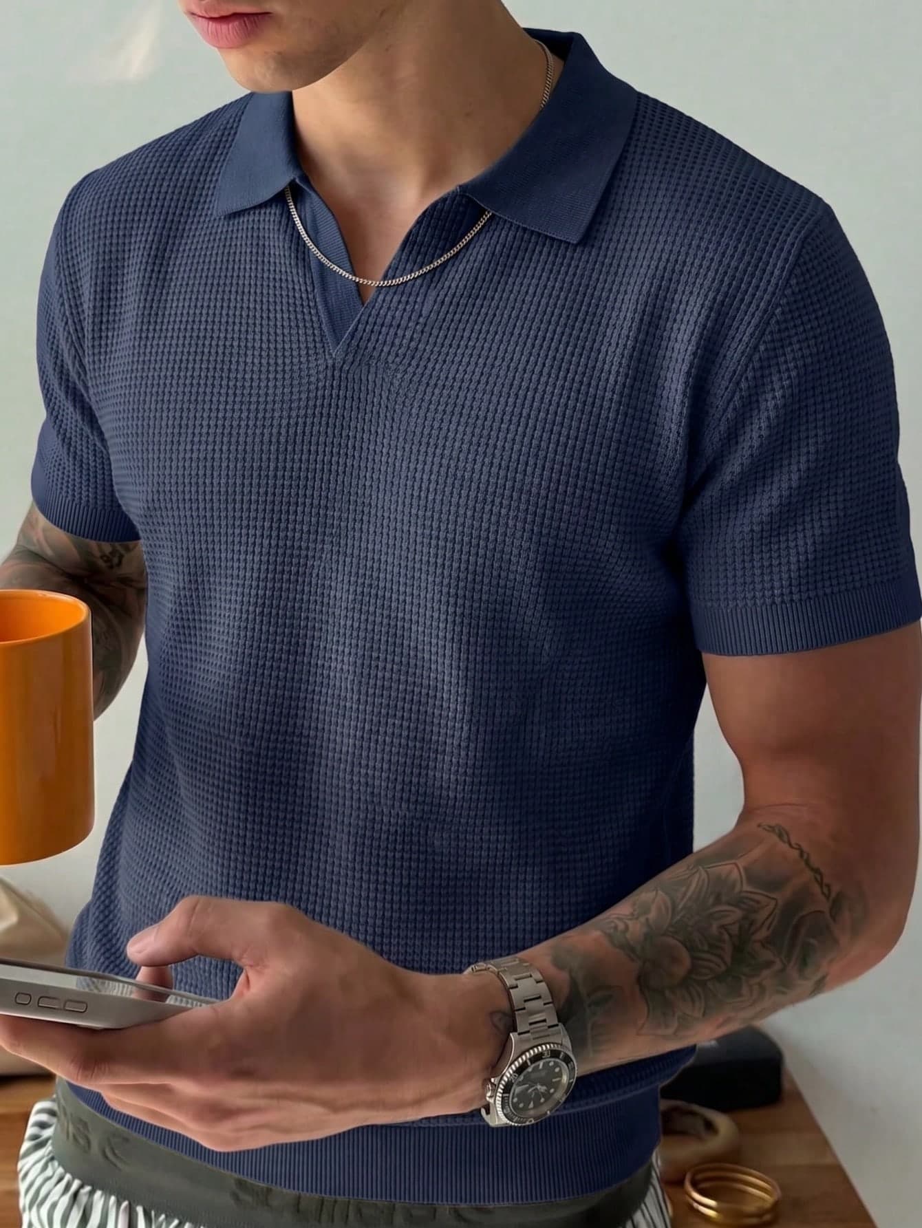 Men's Solid Color Waffle Knit Polo Shirt, Short Sleeve, Casual Top, Thin
