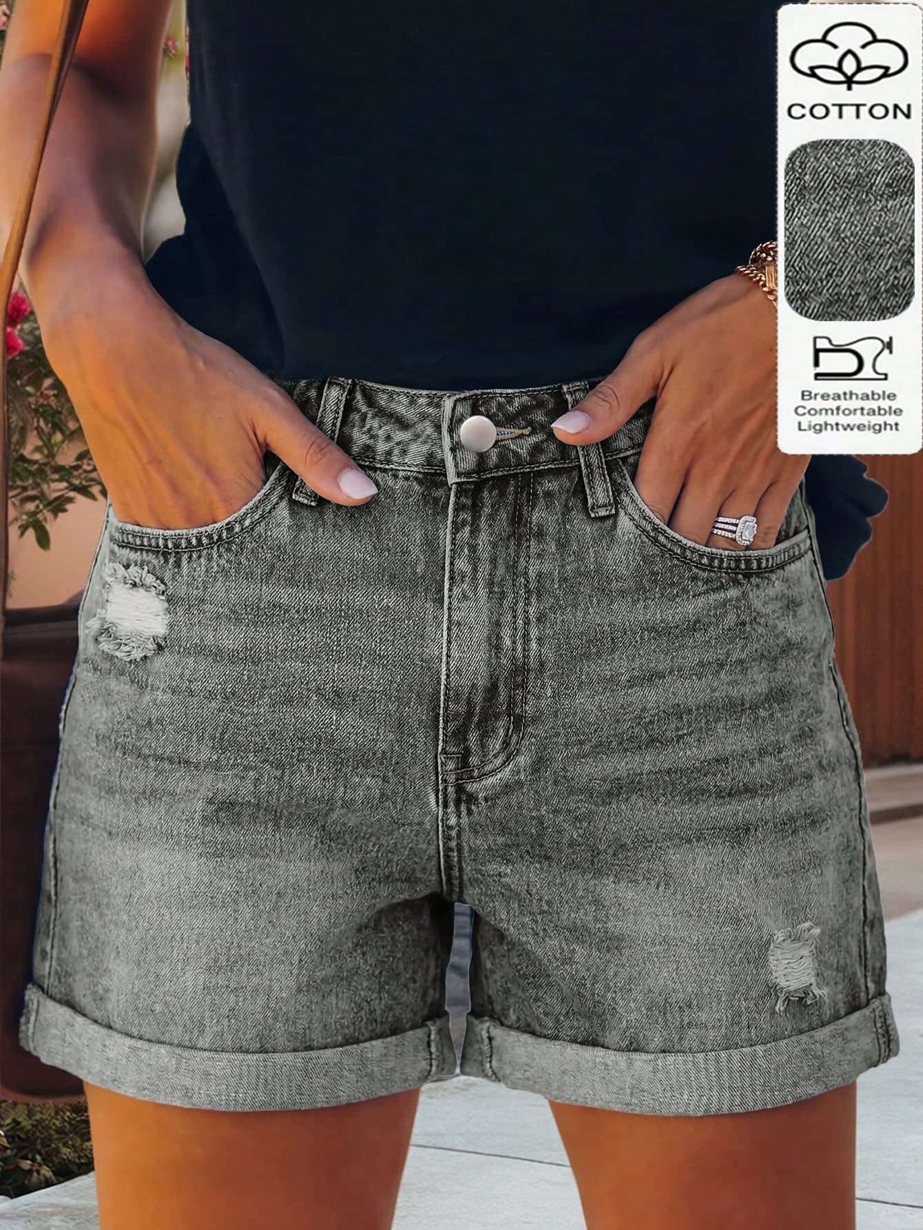 Vintage Street Fashion Cuffed Women Denim Shorts, Summer Casual