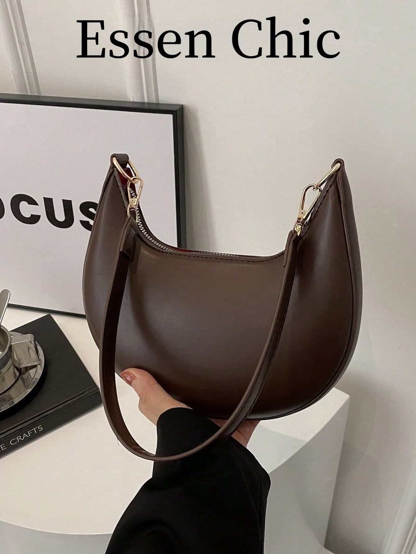 1pc Coffee Brown Crescent-Shaped PU Leather Shoulder Bag, Fashion Simple Solid Color Women Underarm Bag, Autumn/Winter , Old Money