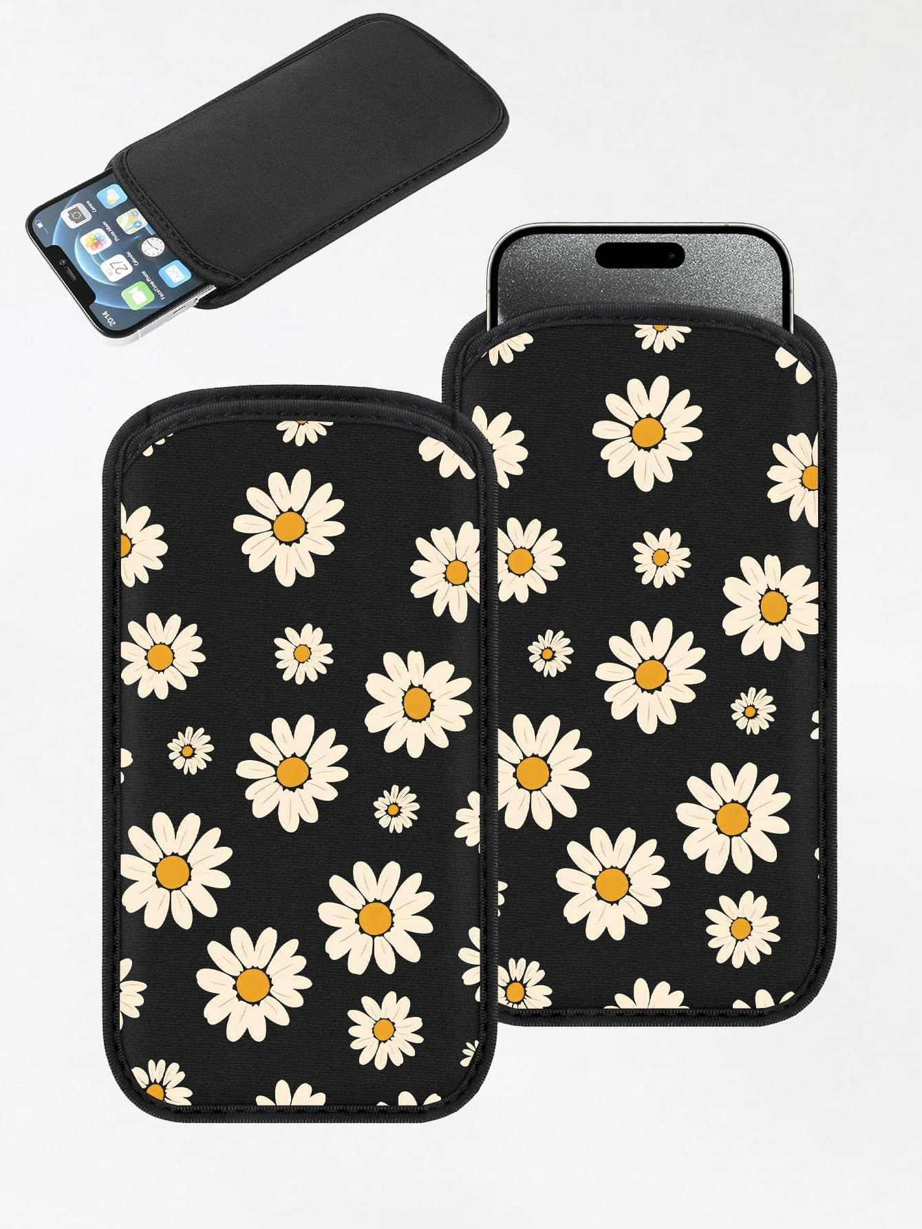 New Daisy Pattern Vertical Insertion Phone Protective Sleeve, Black Outdoor Phone Storage Bag, Vertical Insertion Phone Pouch, Made Of Shock-Absorbing And Dust-Proof Neoprene Rubber Material, Soft And Elastic Lining, Portable Unisex