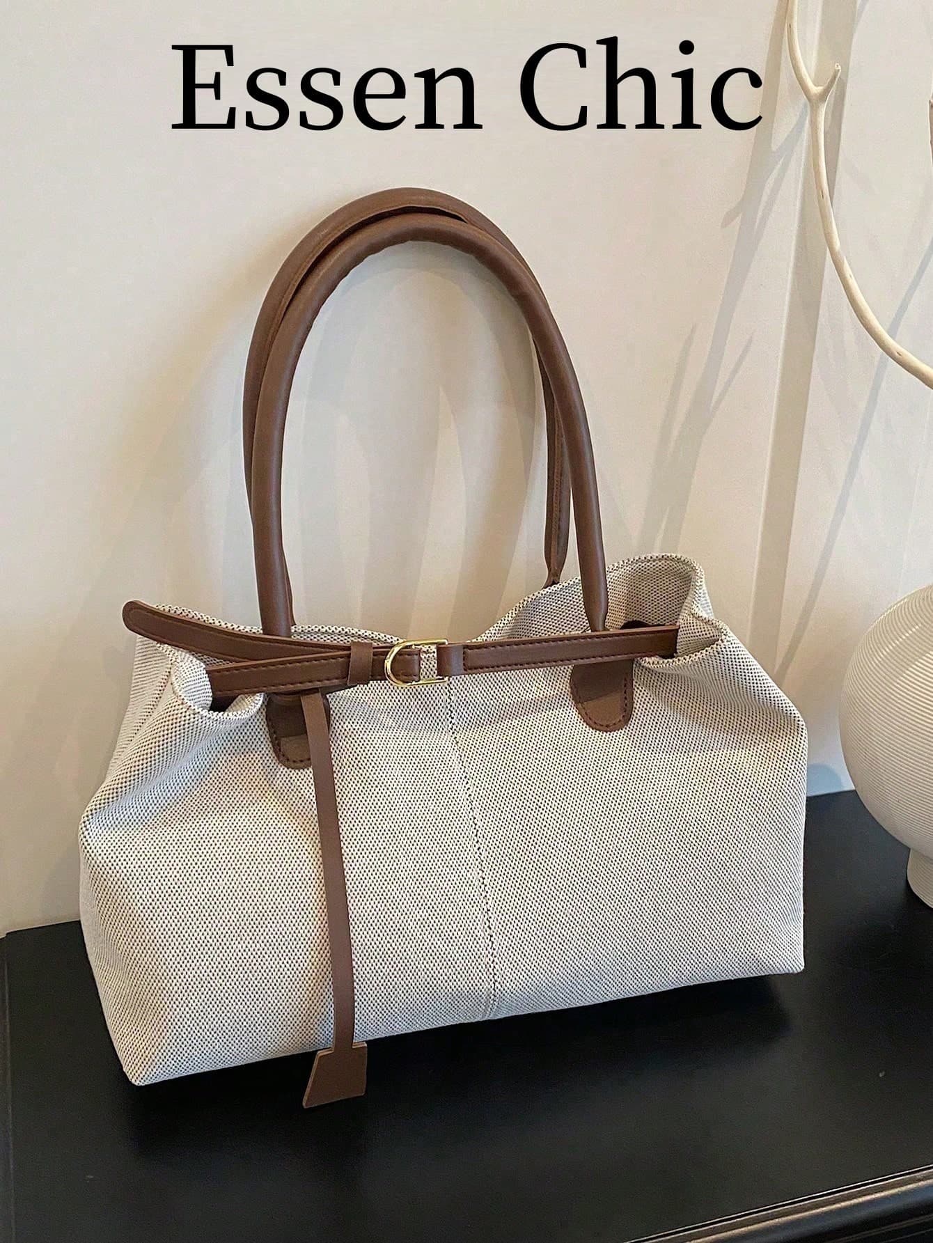 1pc Coffee Brown Strap Decor Large Capacity Canvas Patchwork Tote Bag, Women Shoulder Bag , Beach