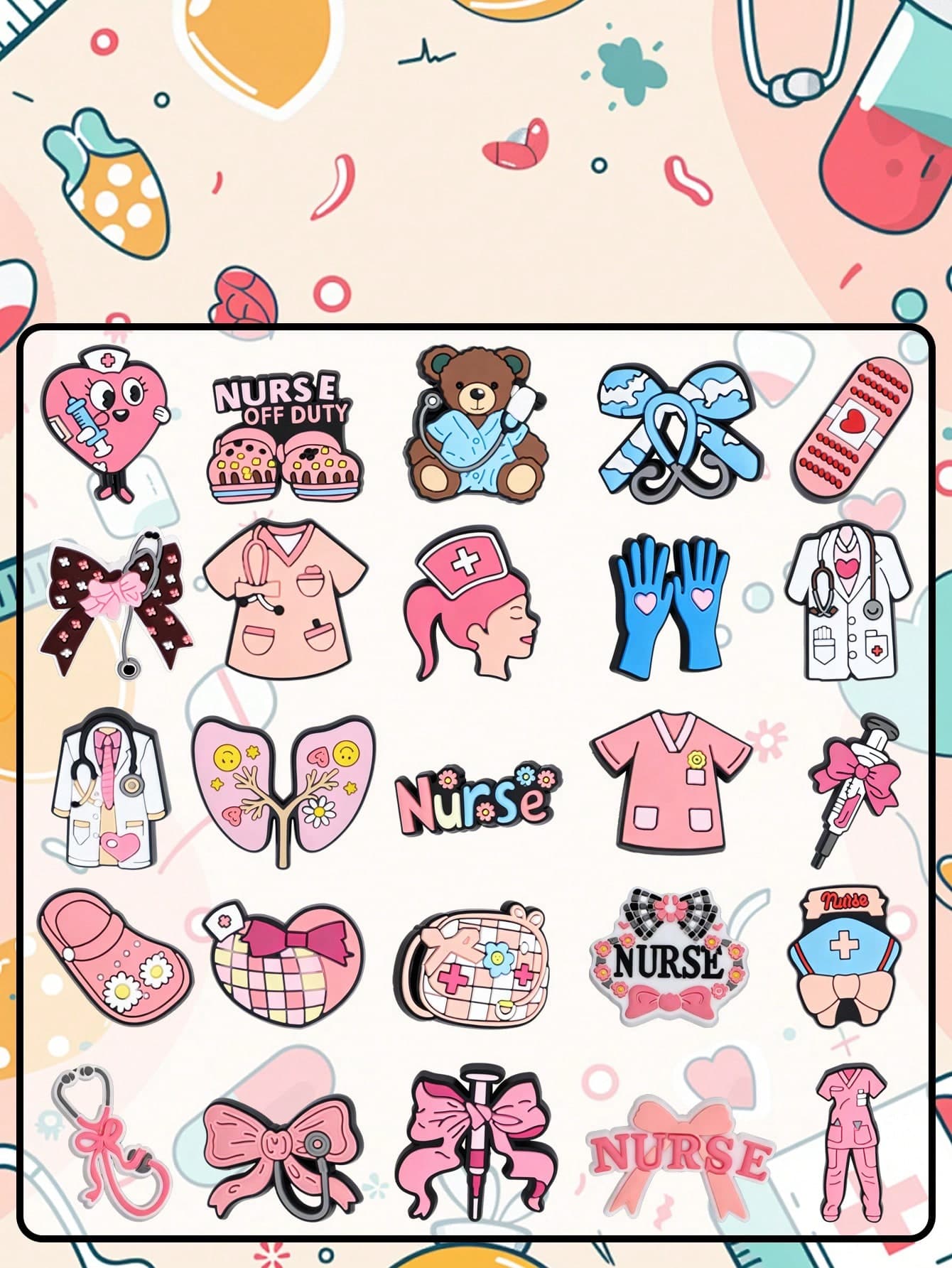 25pcs Medical Series, Medical Board, Medical Staff, Nurse, First Aid Kit, Ambulance, Medical Mask, Medical Blood Bag PVC Shoe Charms, Clock Charms, Cute Medical Care Series Rubber Shoe Charms, Suitable For Clogs, Party Must-Have Shoes, Floral: Illuminate Every Step Style