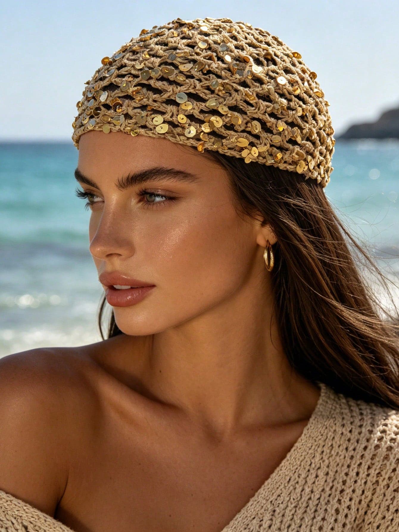 1pc French Vintage Sequin Women's Knitted Hat, Vacation/Beach/Daily Slouchy Women's Crochet Hollow Out Hat