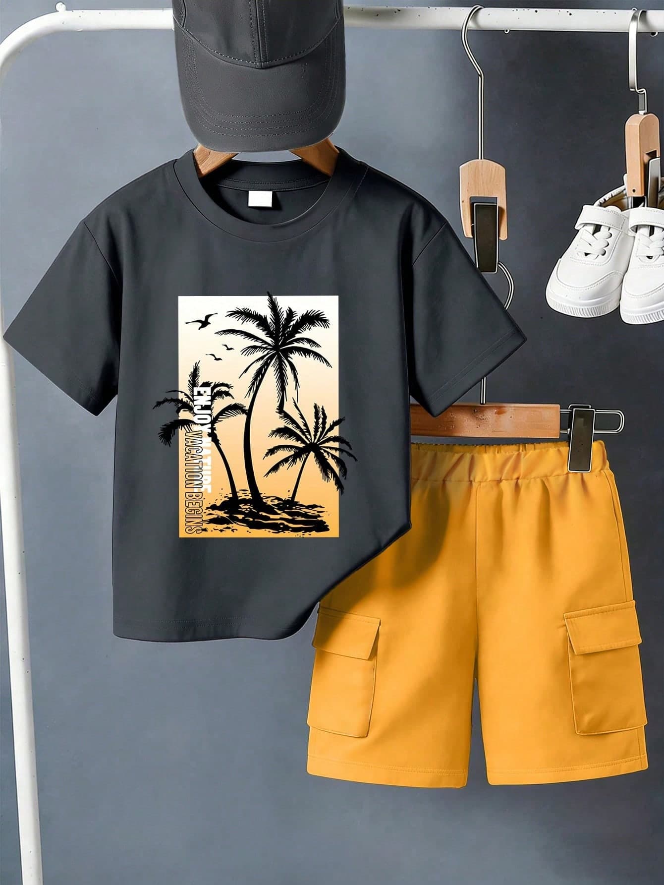 2pcs/Set Teenage Boys' Casual Coconut Tree & Letter Print Round Neck Short Sleeve T-Shirt + Khaki Pants Summer New Outfit