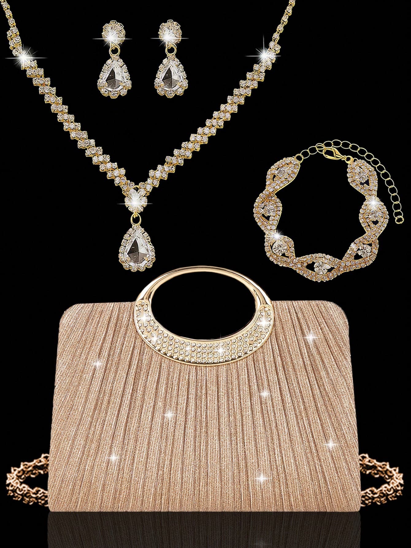 Women's Fashionable Sparkling Crystal Diamond Evening Clutch Bag, Luxurious Diamond-Encrusted Formal Dress Handbag, Can Be Matched With Sparkling Crystal Diamond Jewelry Set Including Dazzling Pendant Necklace, Earrings And Bracelet, Suitable For Gala, Party, Birthday, Wedding As Bridal Clutch, Party Bag, Wedding Accessory
