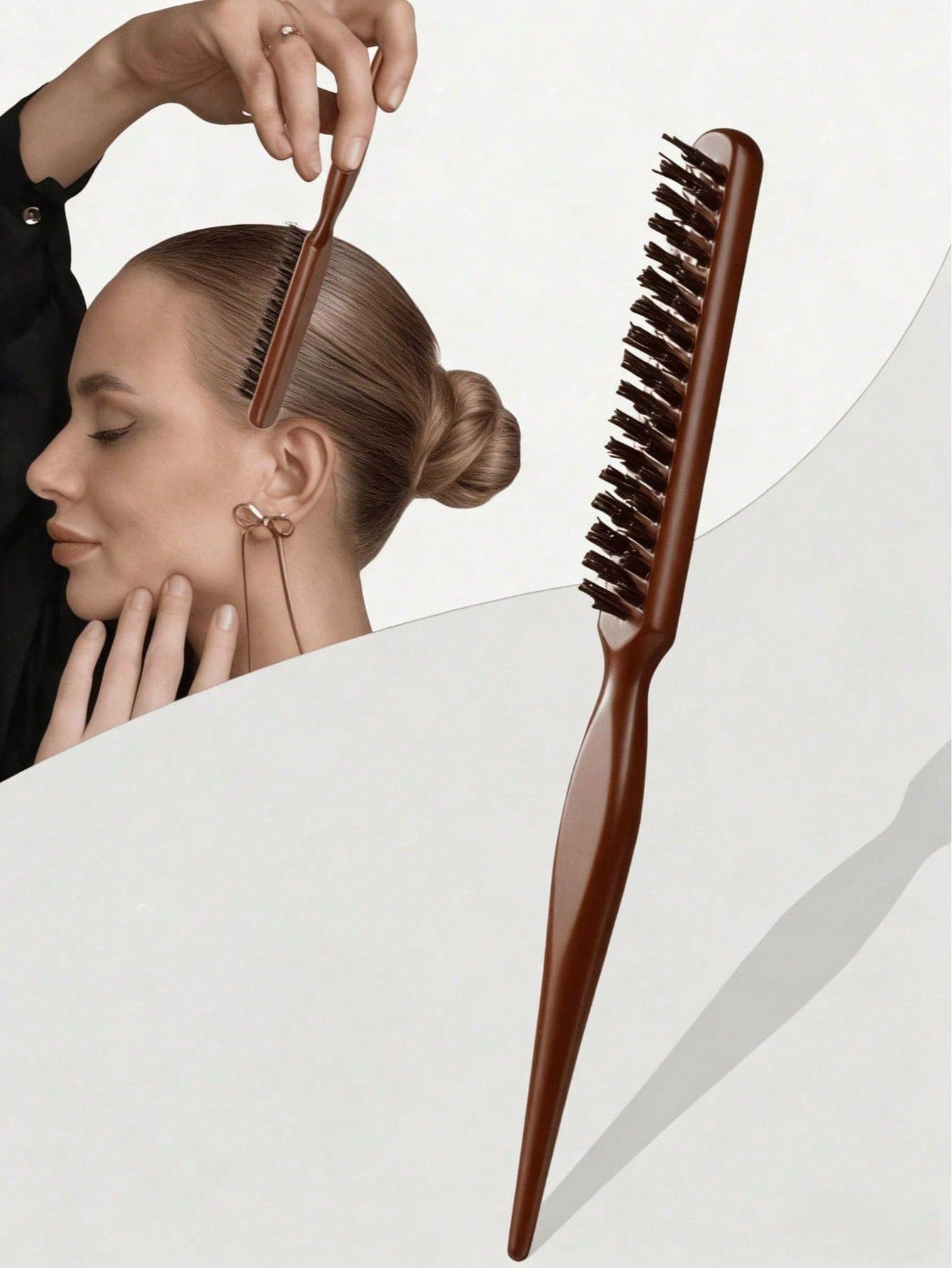 1pc Boar Bristle Smooth Comb, Suitable For Sleek Ponytail Styling, Taming Flyaways, Grooming Hairline - Wide Tapered Tail, With Fluffy Brush For Sectioning And Parting, Hair Styling Tool, Hair Care Home Decor Hair Accessory