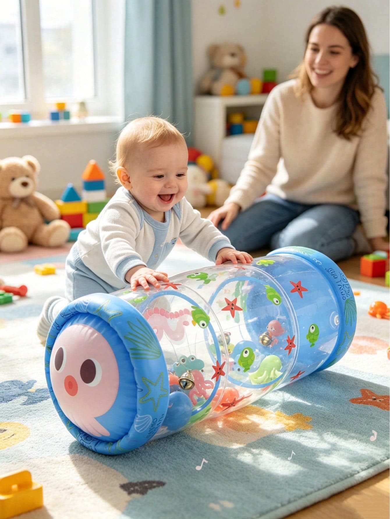 Baby Crawling Toy, Green And Blue, Encourages Crawling For Early Development, With Rattle Drum And Rolling Ball, Activity Center Toy, Cute Animal Style With Built-In Bells To Promote Motor Skills, Gift For 6 Months, 1 2 3 Year Old Children
