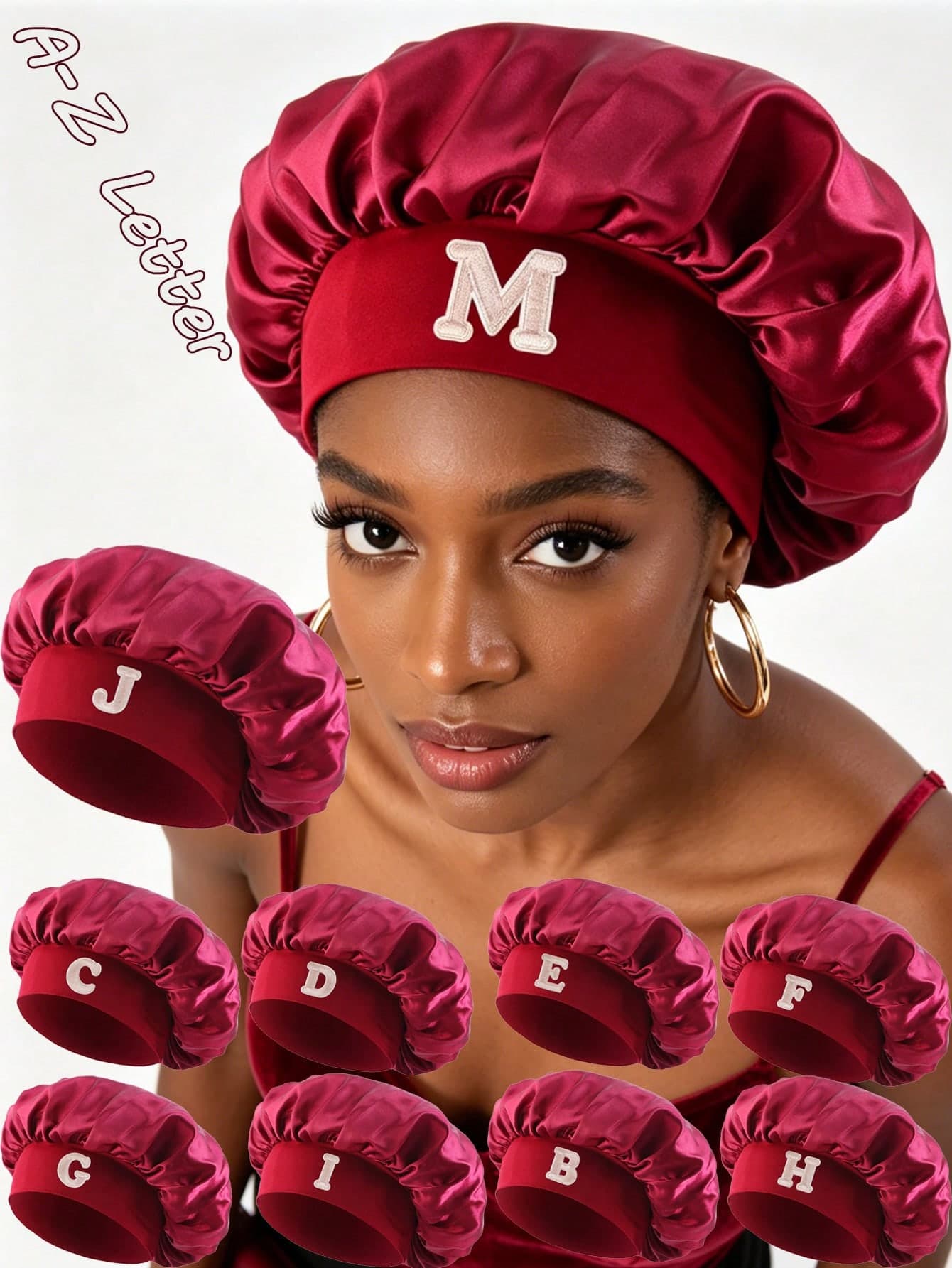 1pc Customized Letter Textured Sleep Hair Cap, High-End Deep Red Gentle Exclusive